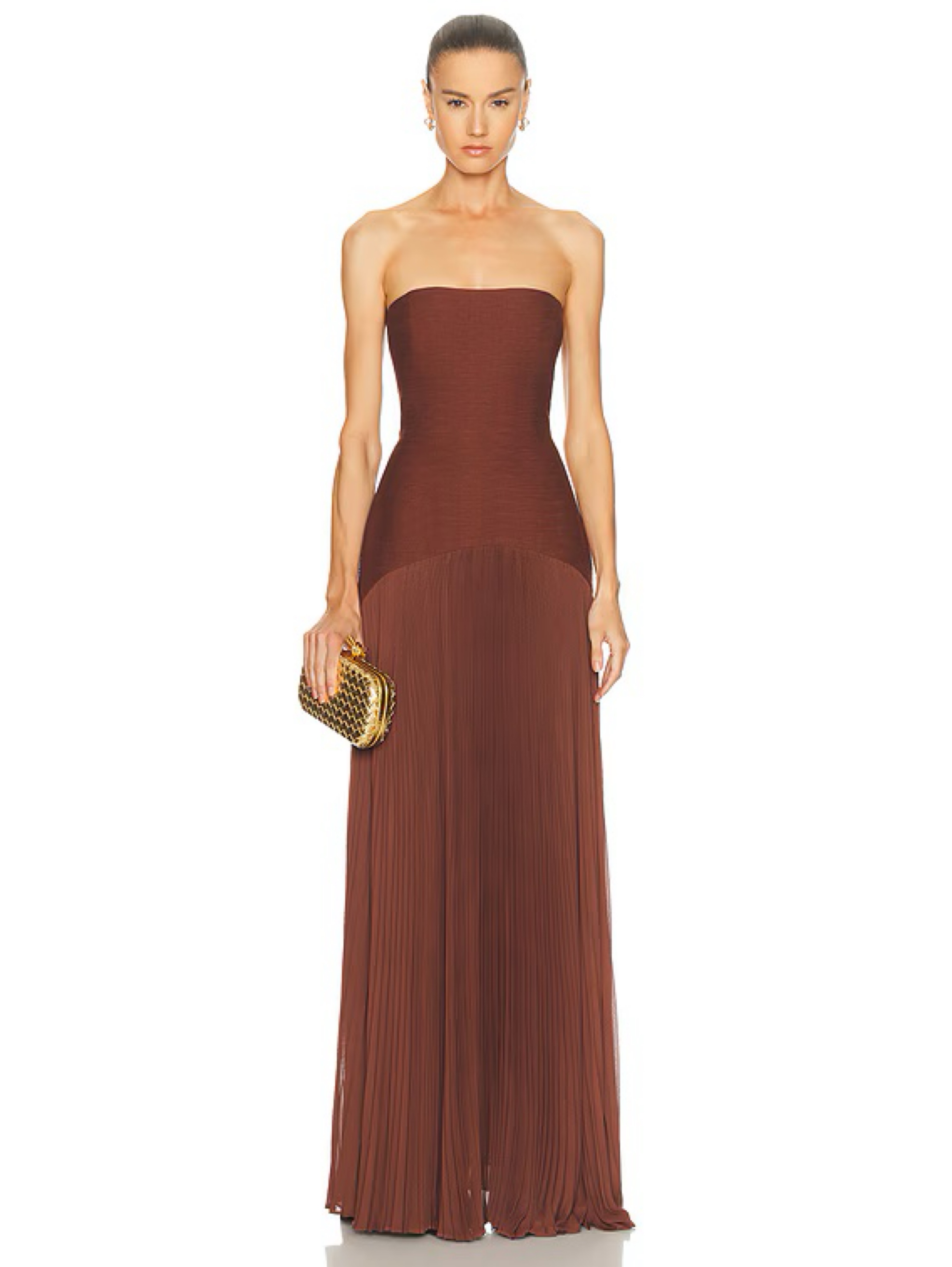Alexis Sunniva Dress Brown Pleated Strapless Maxi Dress