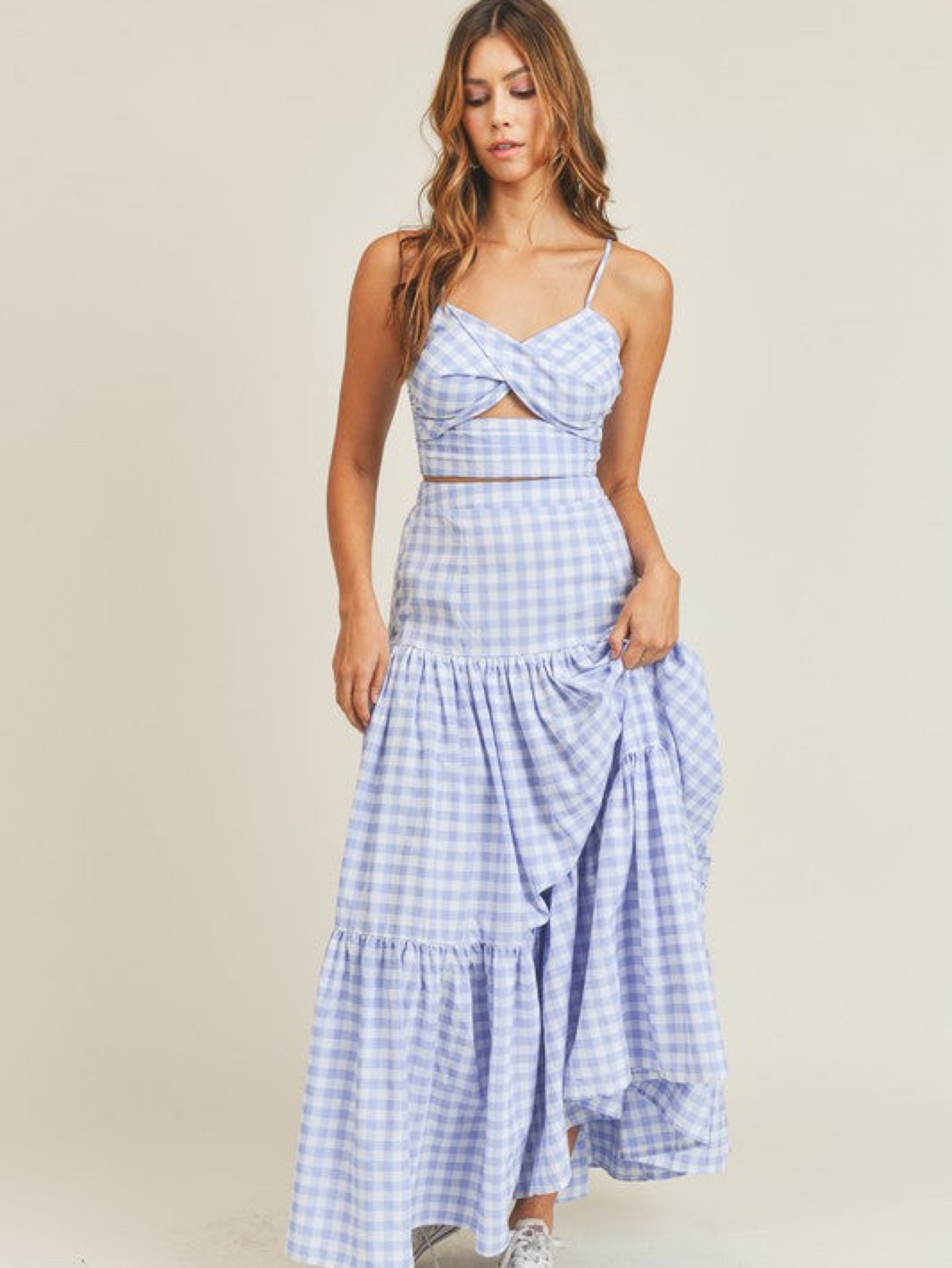 Blue Gingham Cutout Two-Piece Maxi Skirt Set