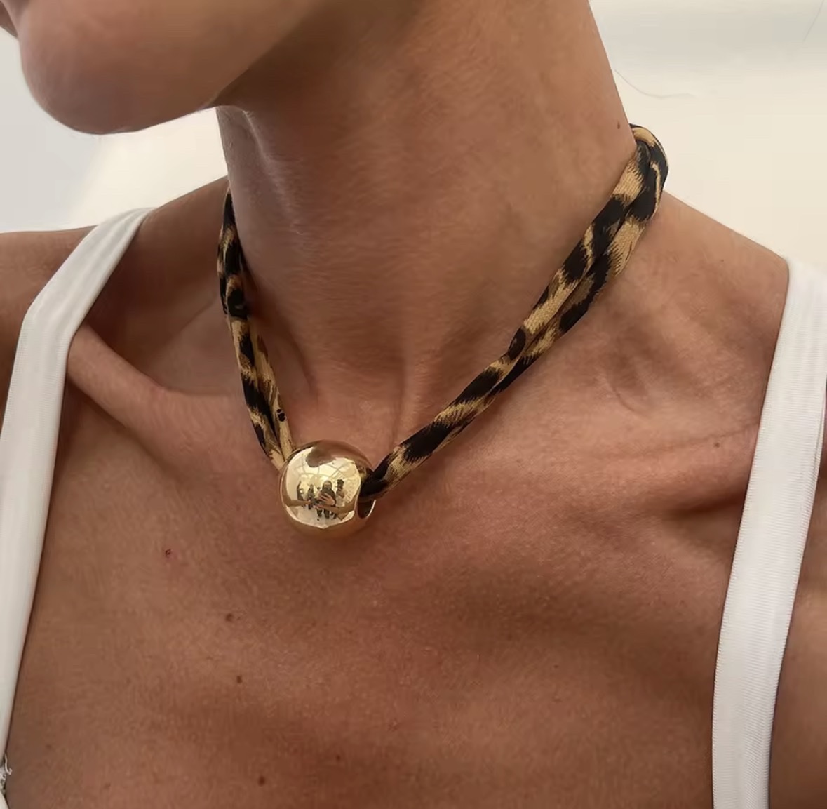 Leopard Print Fabric Gold Ball Statement Necklace