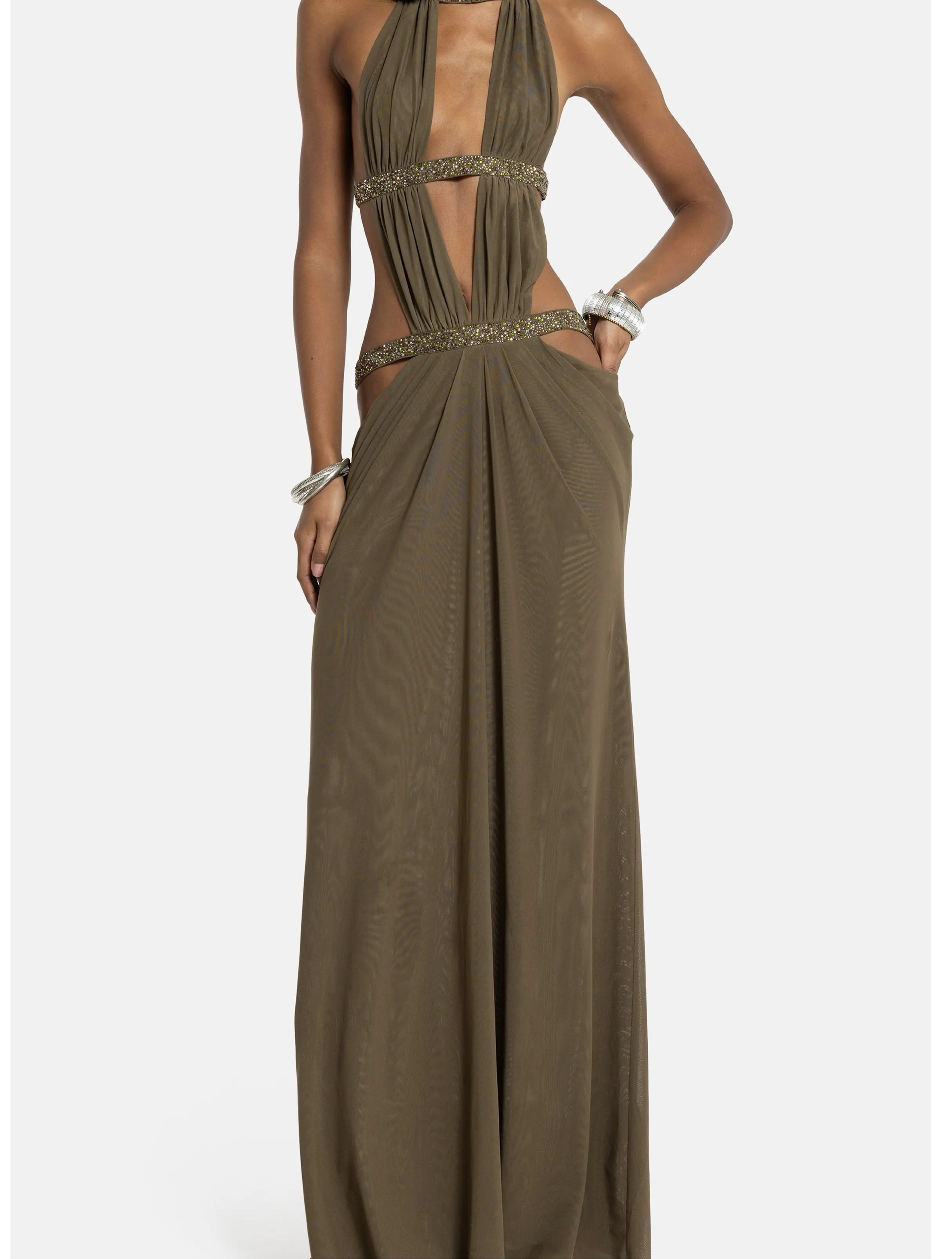 jaded london halter neck dress Jaded London Cindy Plunge Maxi dress Featuring a halter neck  detail, beaded embroidery and a sunset oriental print enhanced by a  nude-lined front split and maxi length Size M, $50 hire 