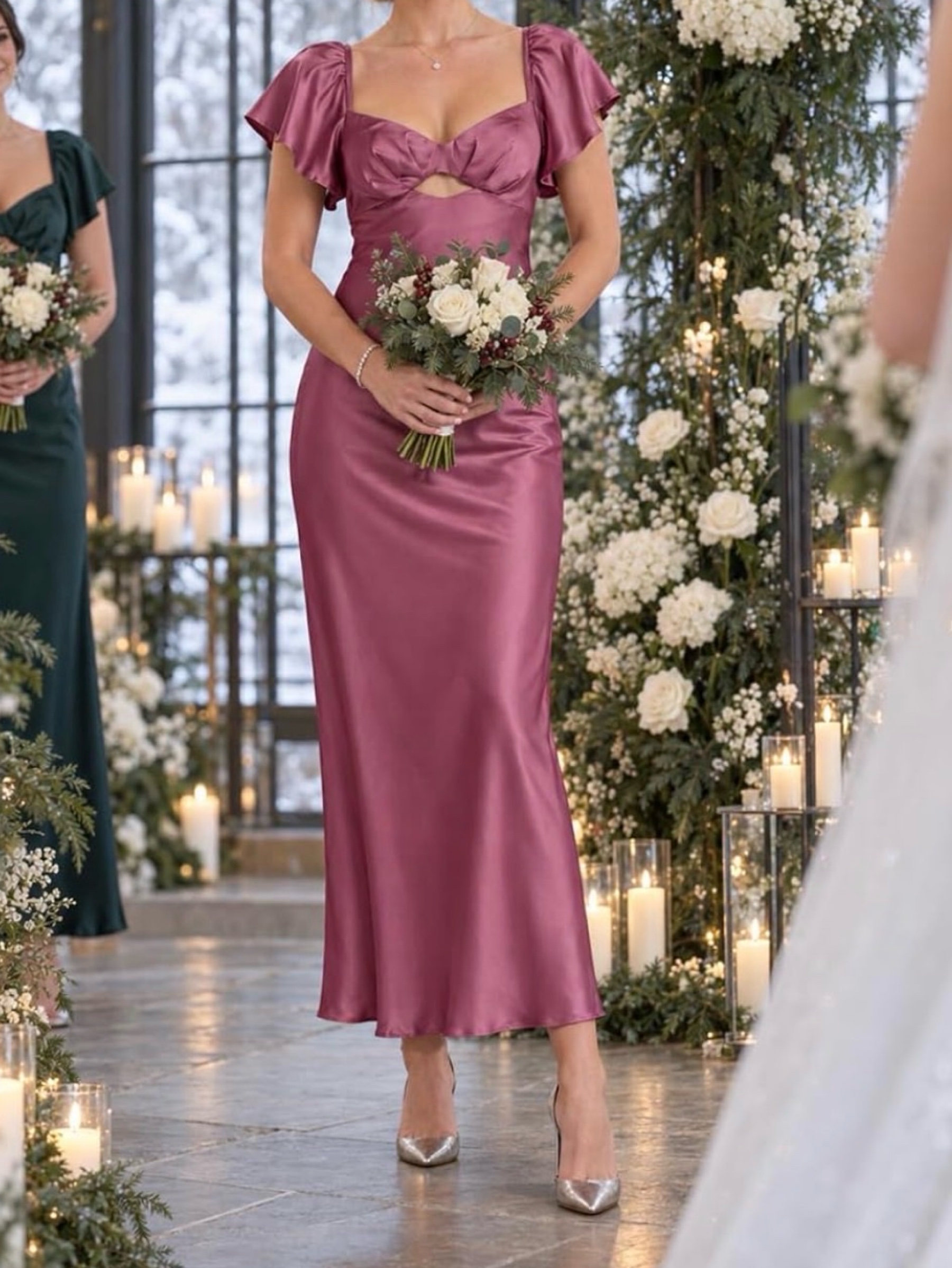 Satin Flutter Sleeve Midi Dress in Pink