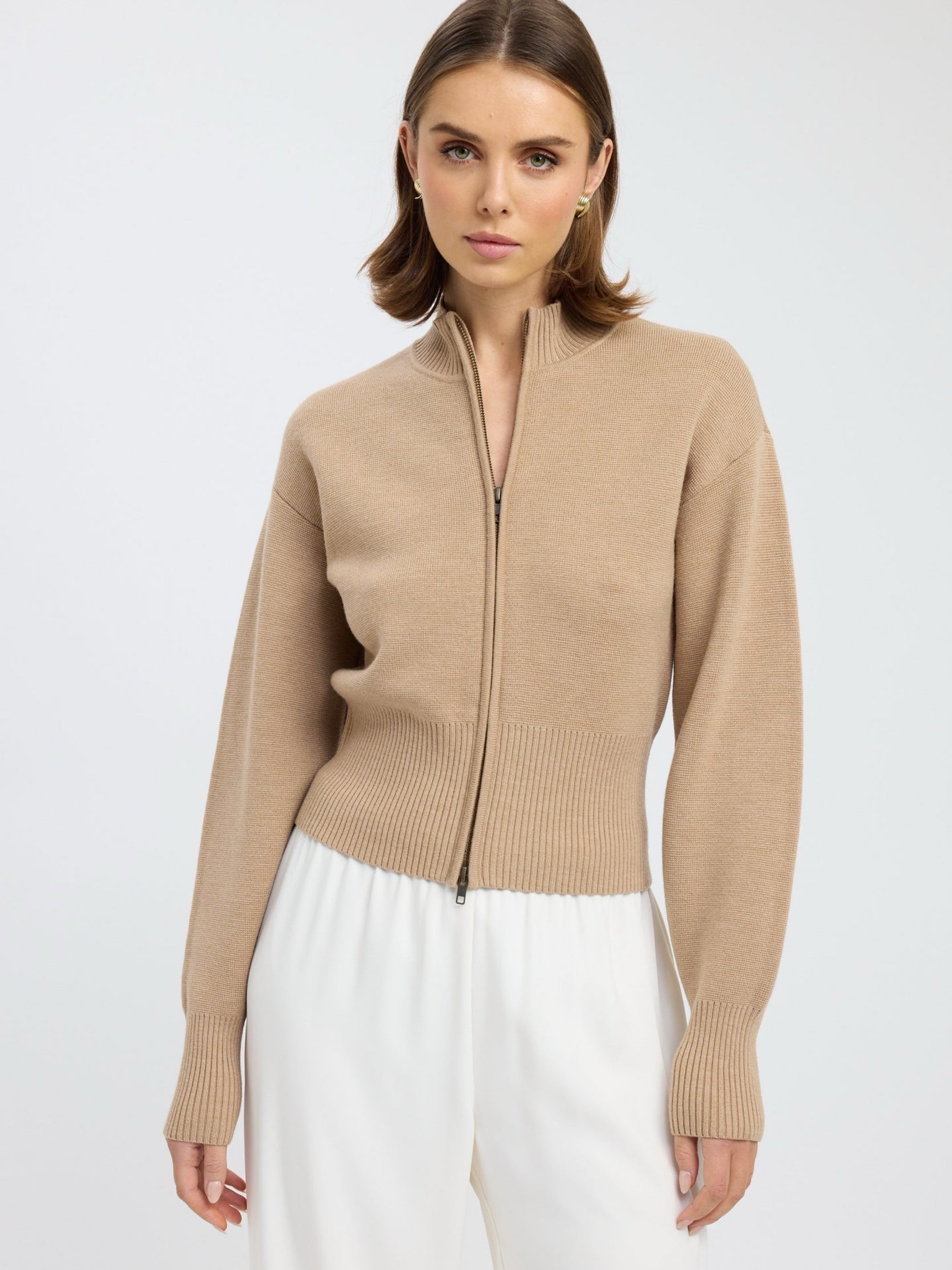 Kookai Dalton Zip Cardigan in camel