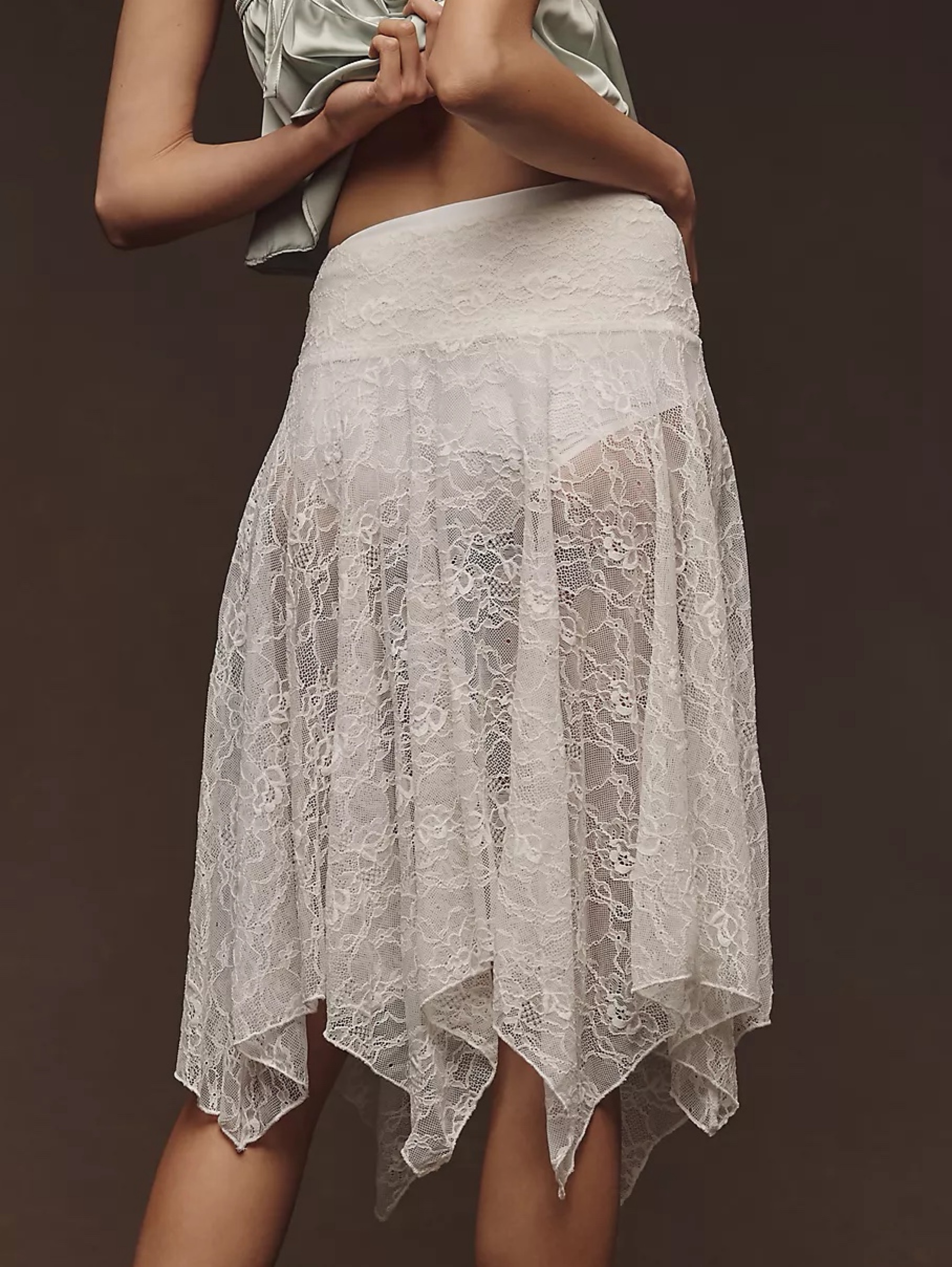 White Anthropologie Asymmetric Lace Midi Skirt, photo 3 of 5