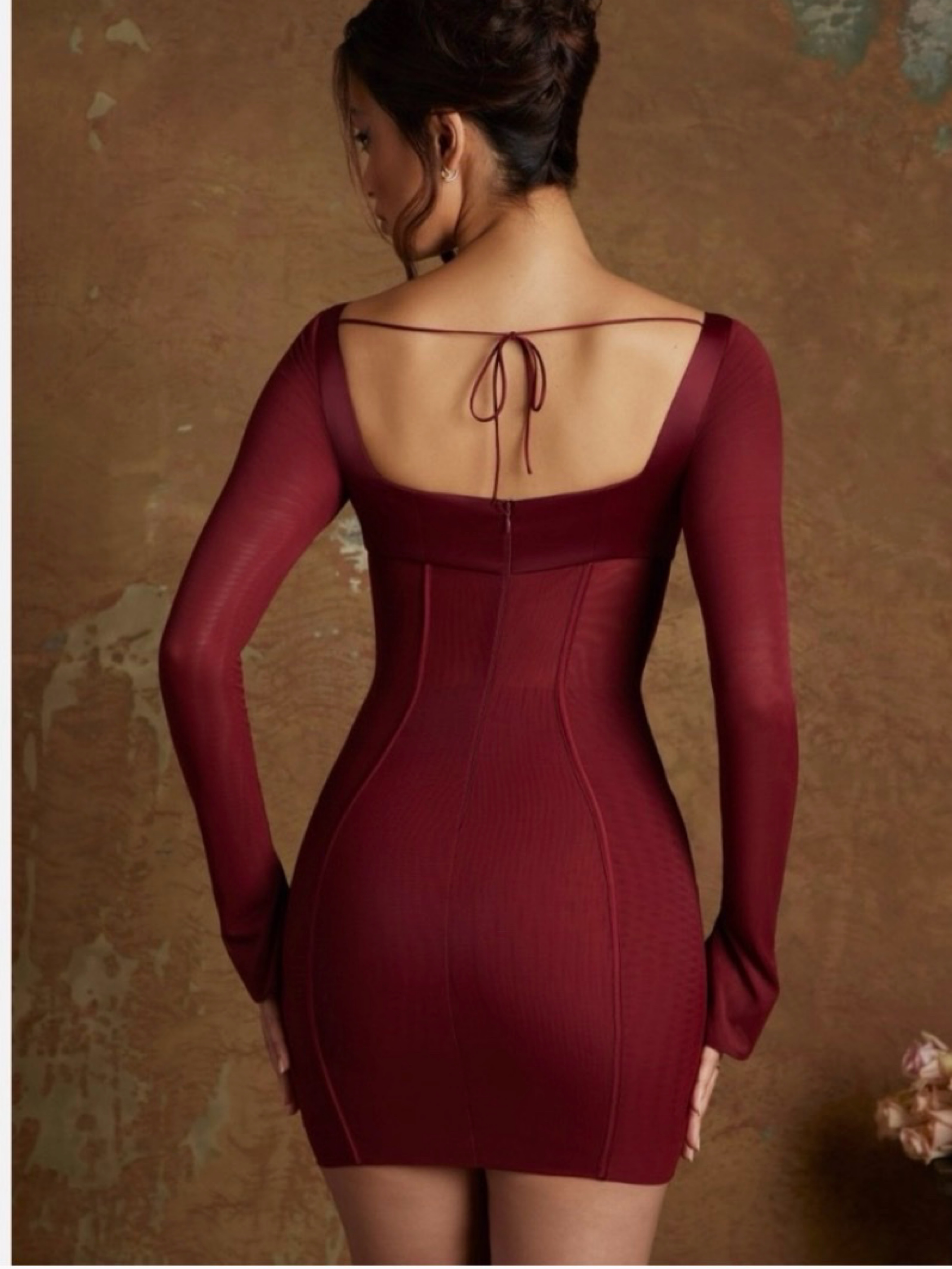 oh polly lace up dress Sheer Scalloped-Lace Long-Sleeve Mini Dress in Wine Red - XL