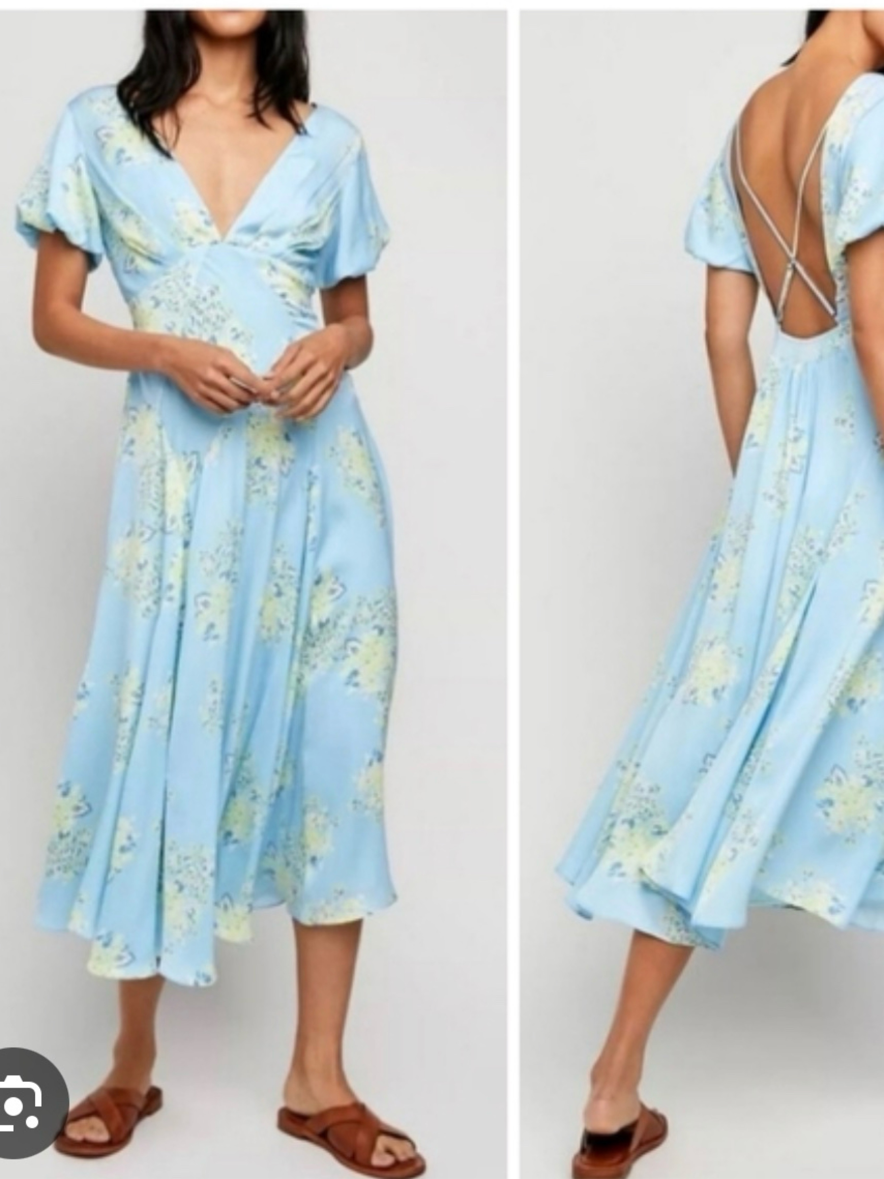 free people laura printed midi dress Free People Laura Floral Print Dress XS Vguc Smoke-free / pet-free home!  $72 shipped Romantic midi dress is featured in a gorgeous floral pattern  with puffed sleeves and adjustable criss-cross back straps