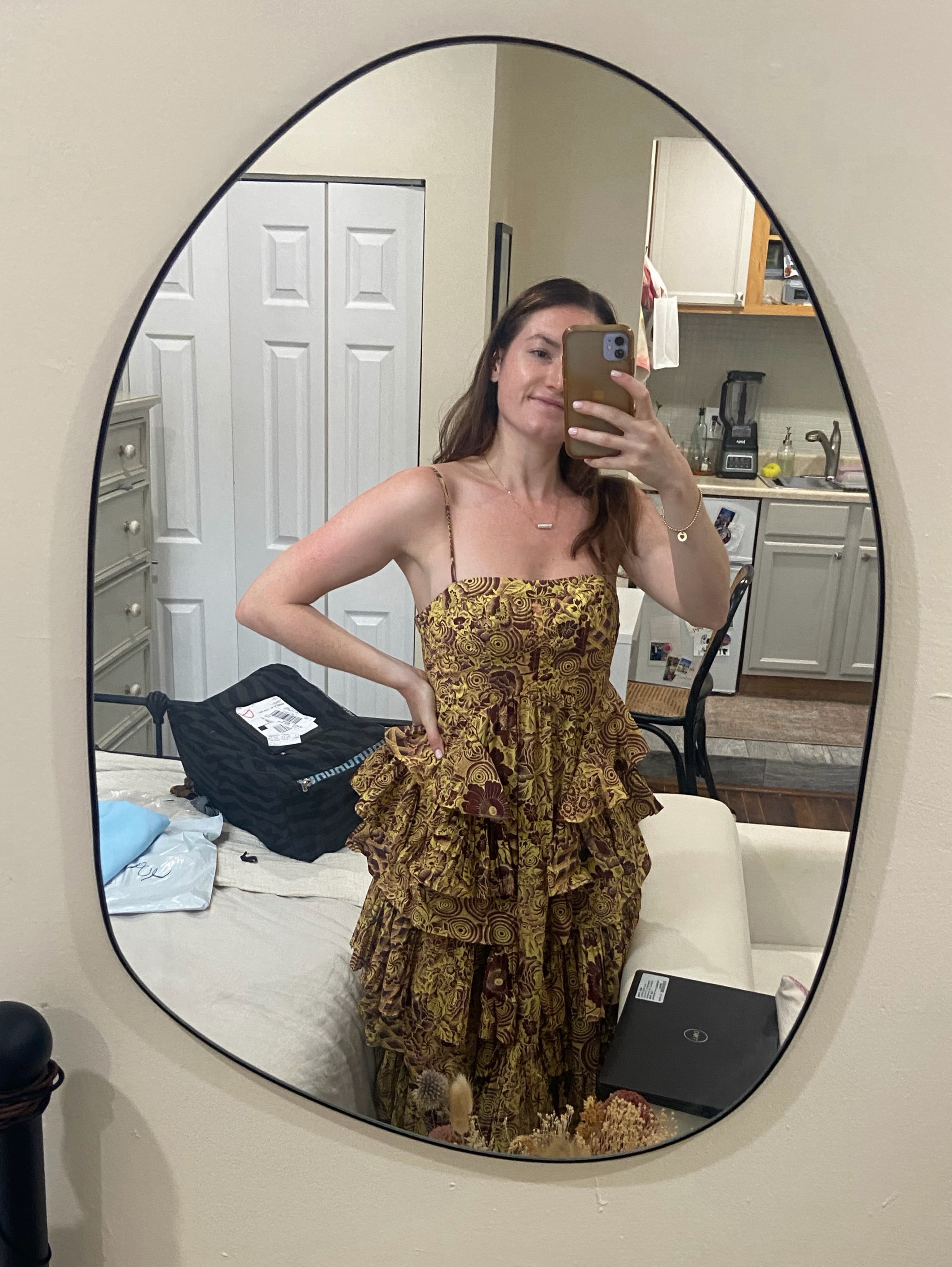 Ulla Johnson Avery Printed Gold Tiered Midi Dress