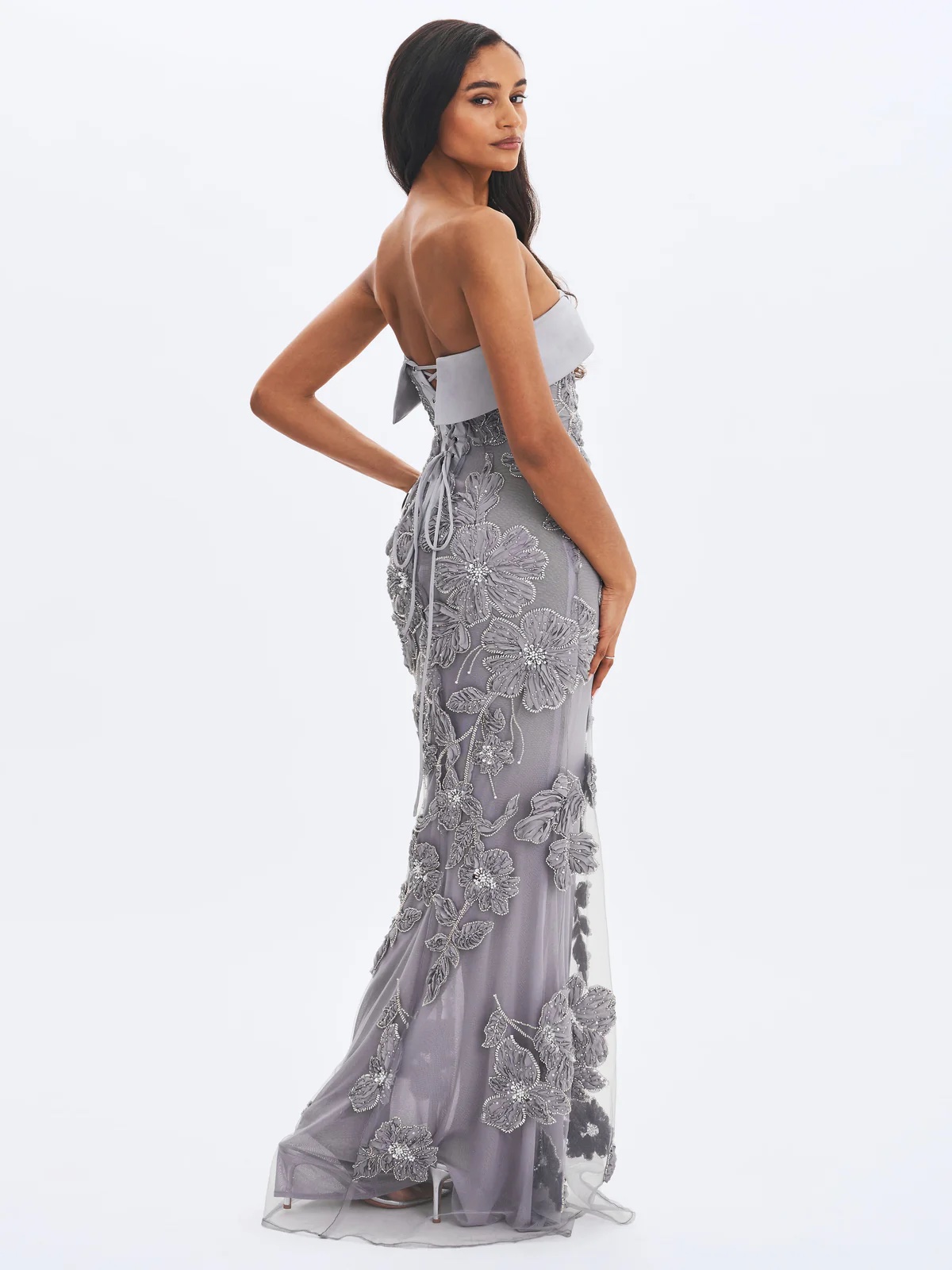 Miss Circle Raphaela Silver Beaded Mermaid Gown by Miss Circle New
