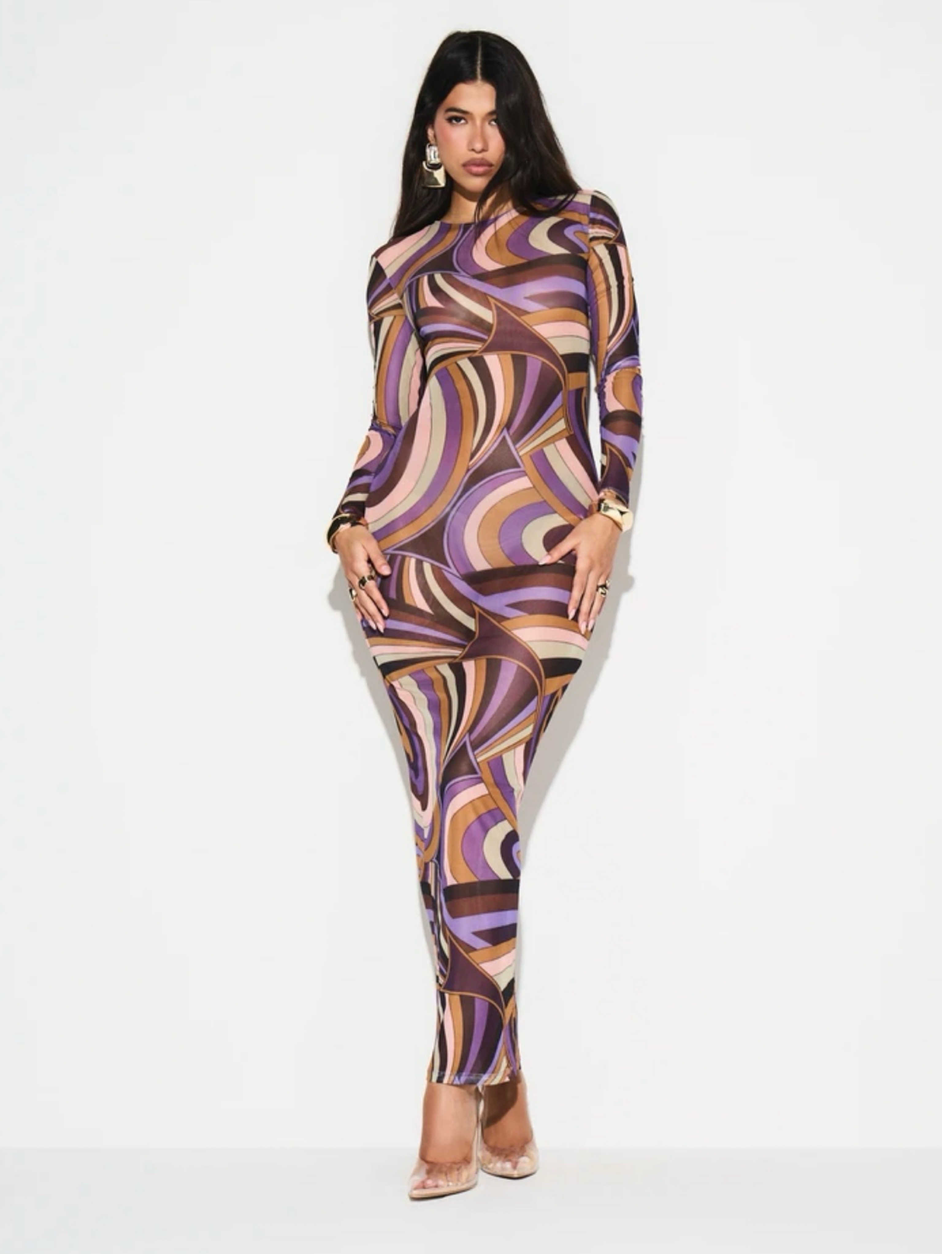 Purple Mesh Print Long Sleeve Bodycon Dress by Luxe To Kill - Pickle Purple Mesh Print Long Sleeve Bodycon Dress by Luxe To Kill - Pickle