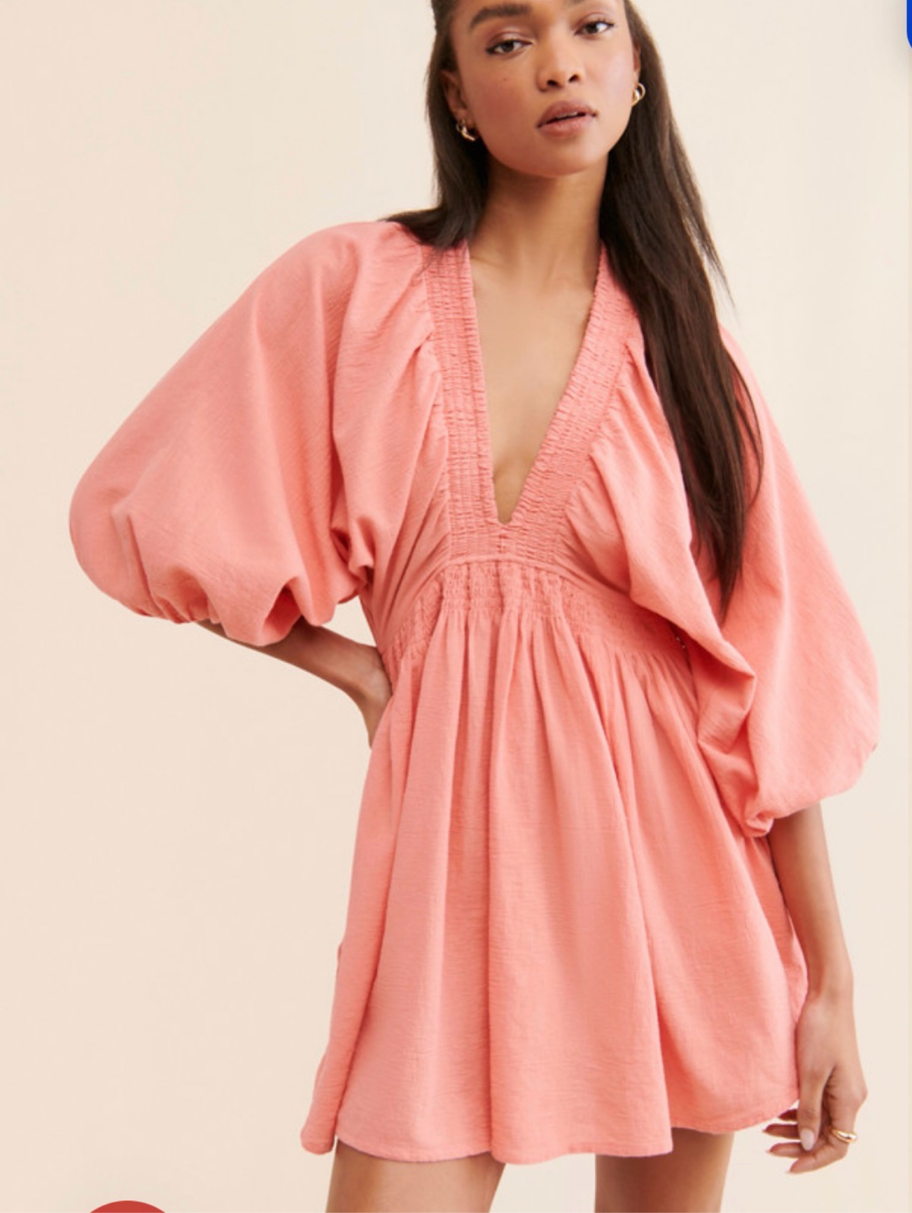 Free People Coral Cotton Gauze Puff Sleeve Mini Dress