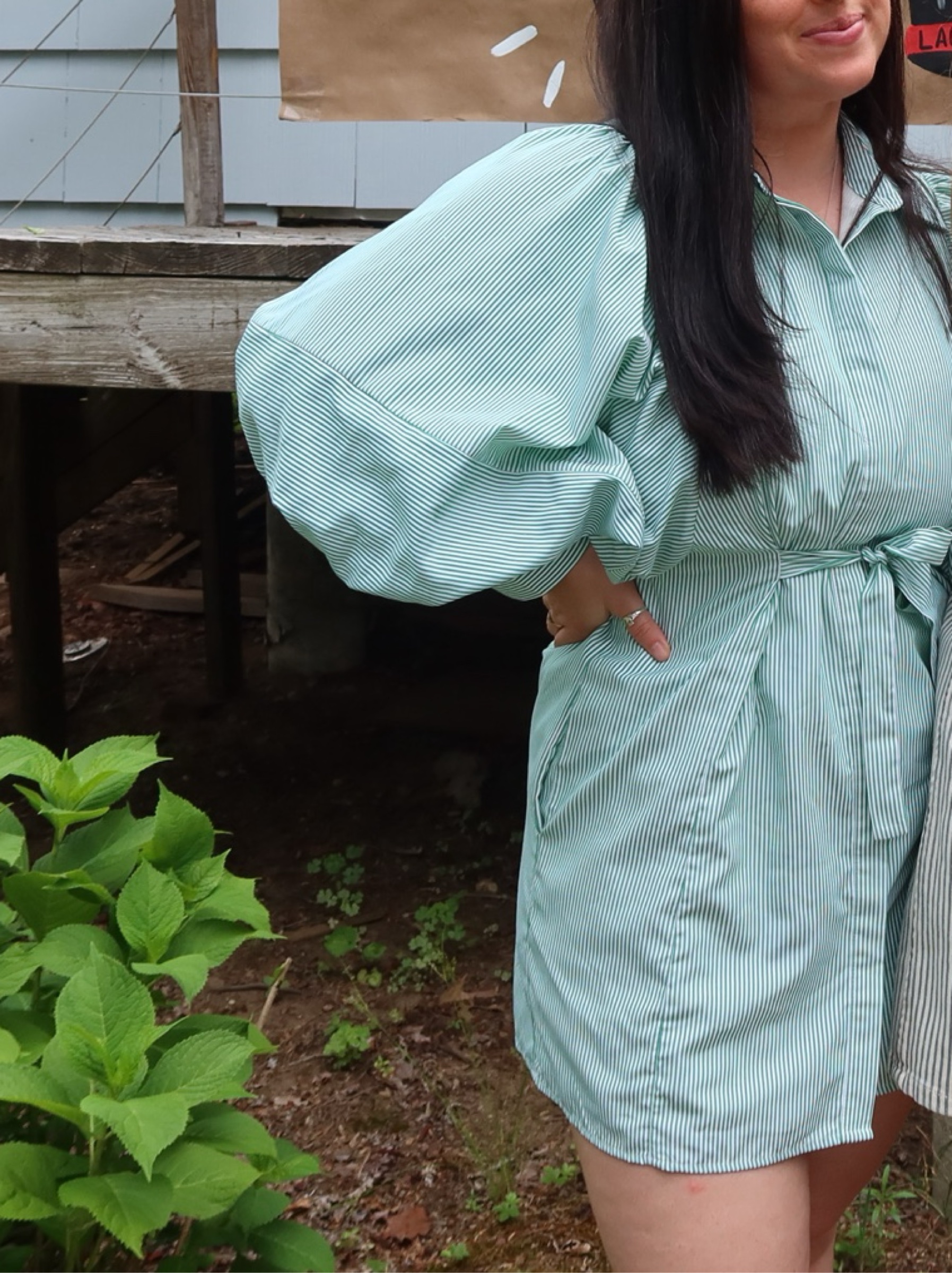 sage green puffy dress Striped Cotton Shirt sleeves by Boutique subgroup:Midi Dresses