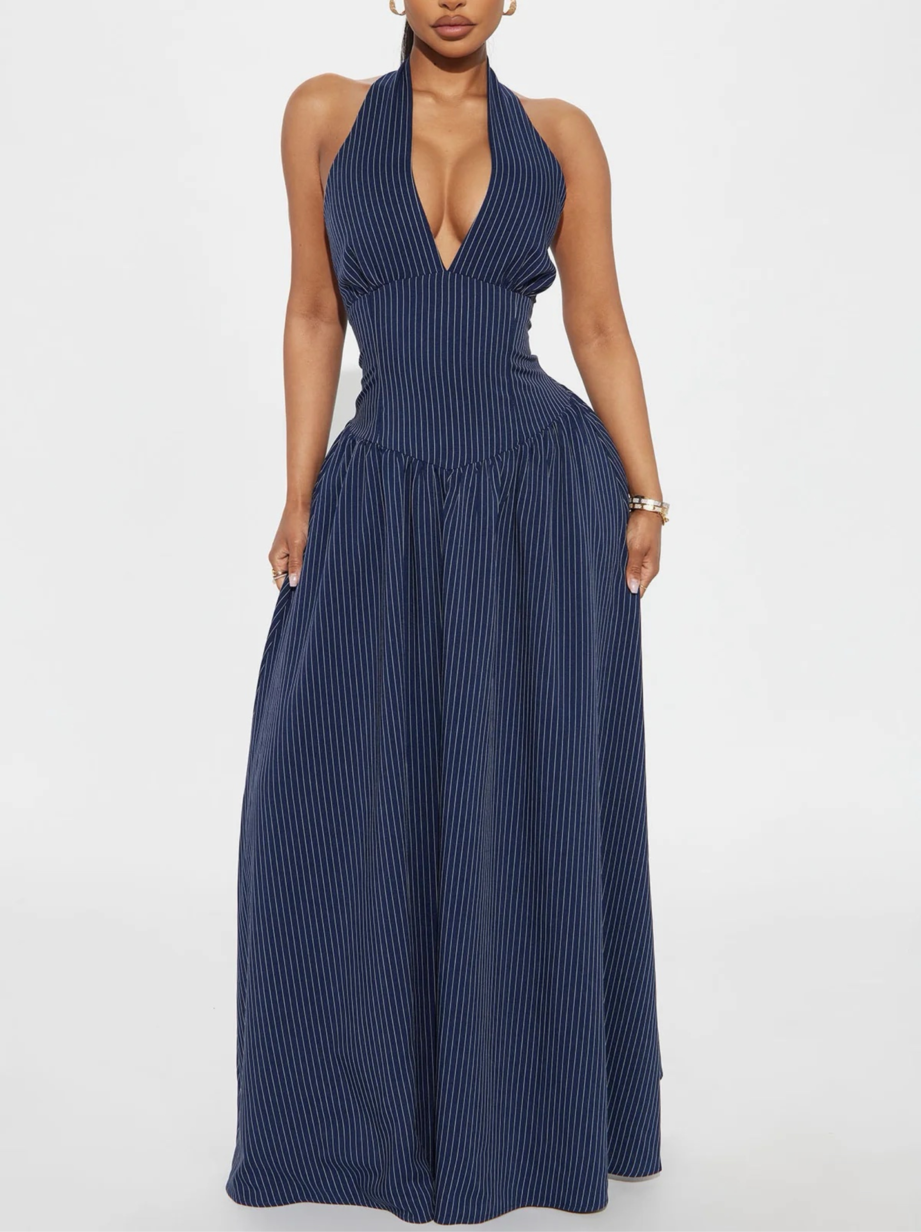 Fashion Nova | Navy Pinstripe Halter Maxi Dress