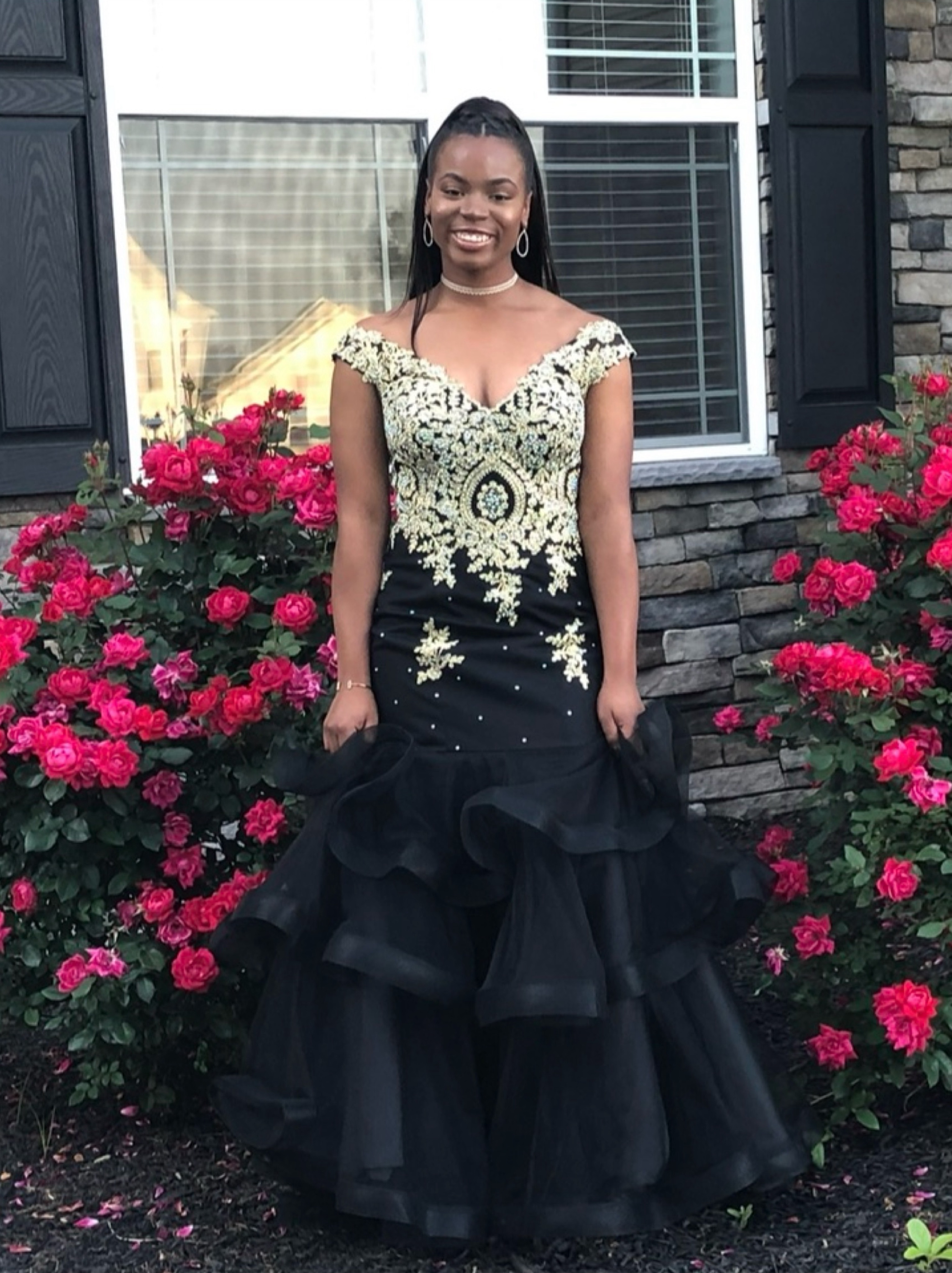 Black Gold Lace Embellished Mermaid Formal Dress