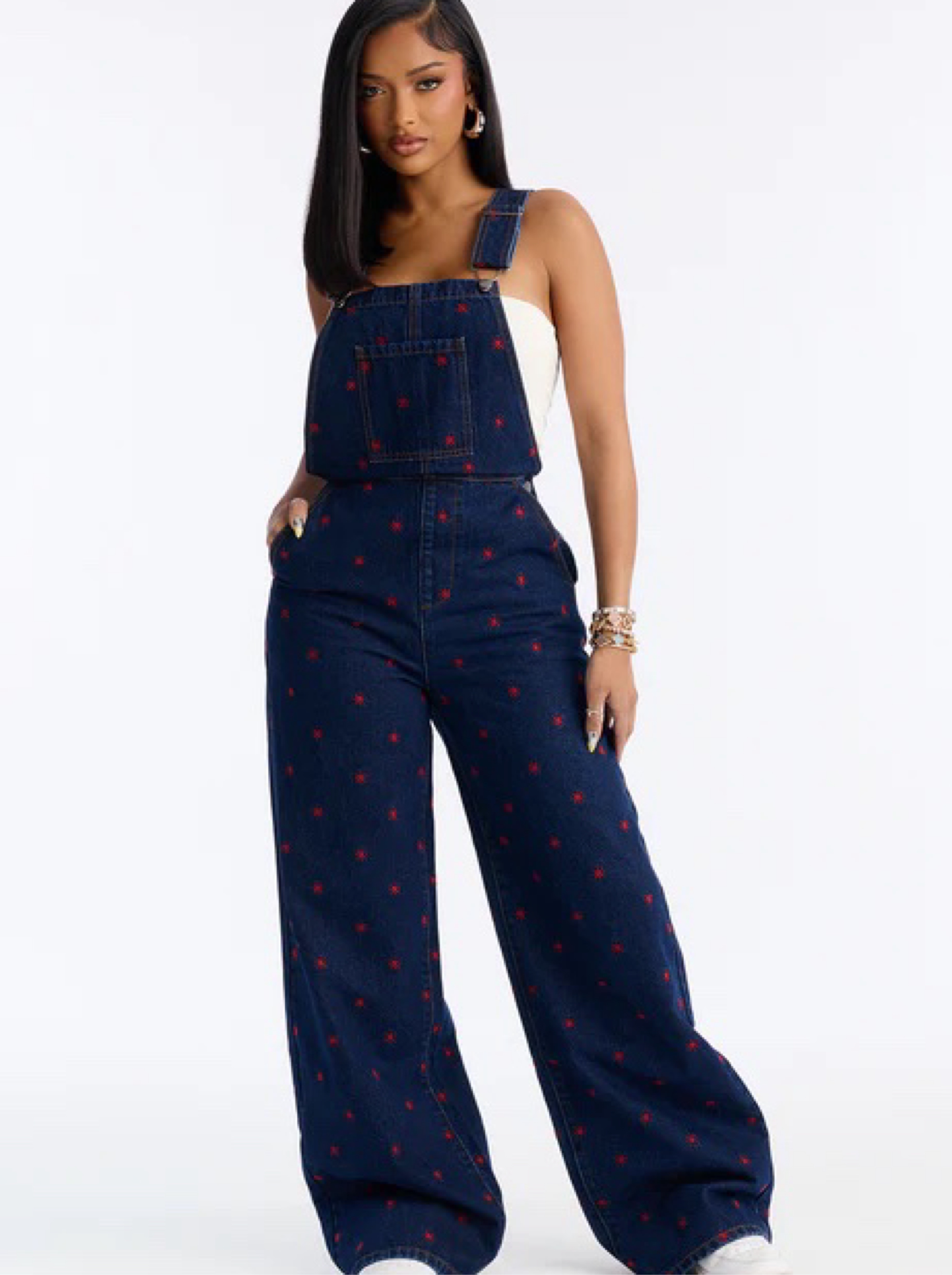 Navy Star Embroidered Denim Overalls