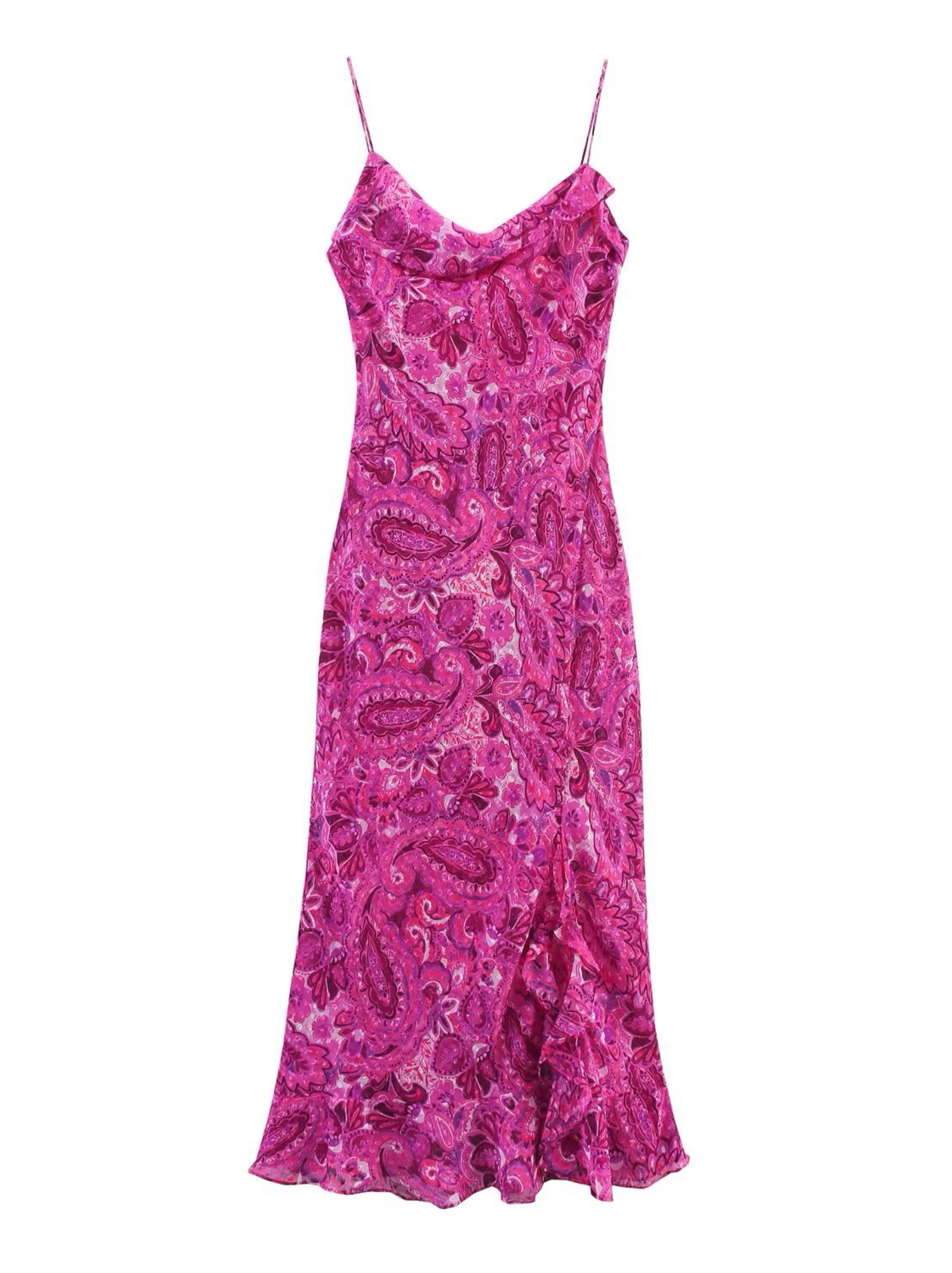 Zara Pink and Purple Paisley Print Midi Camisole Dress