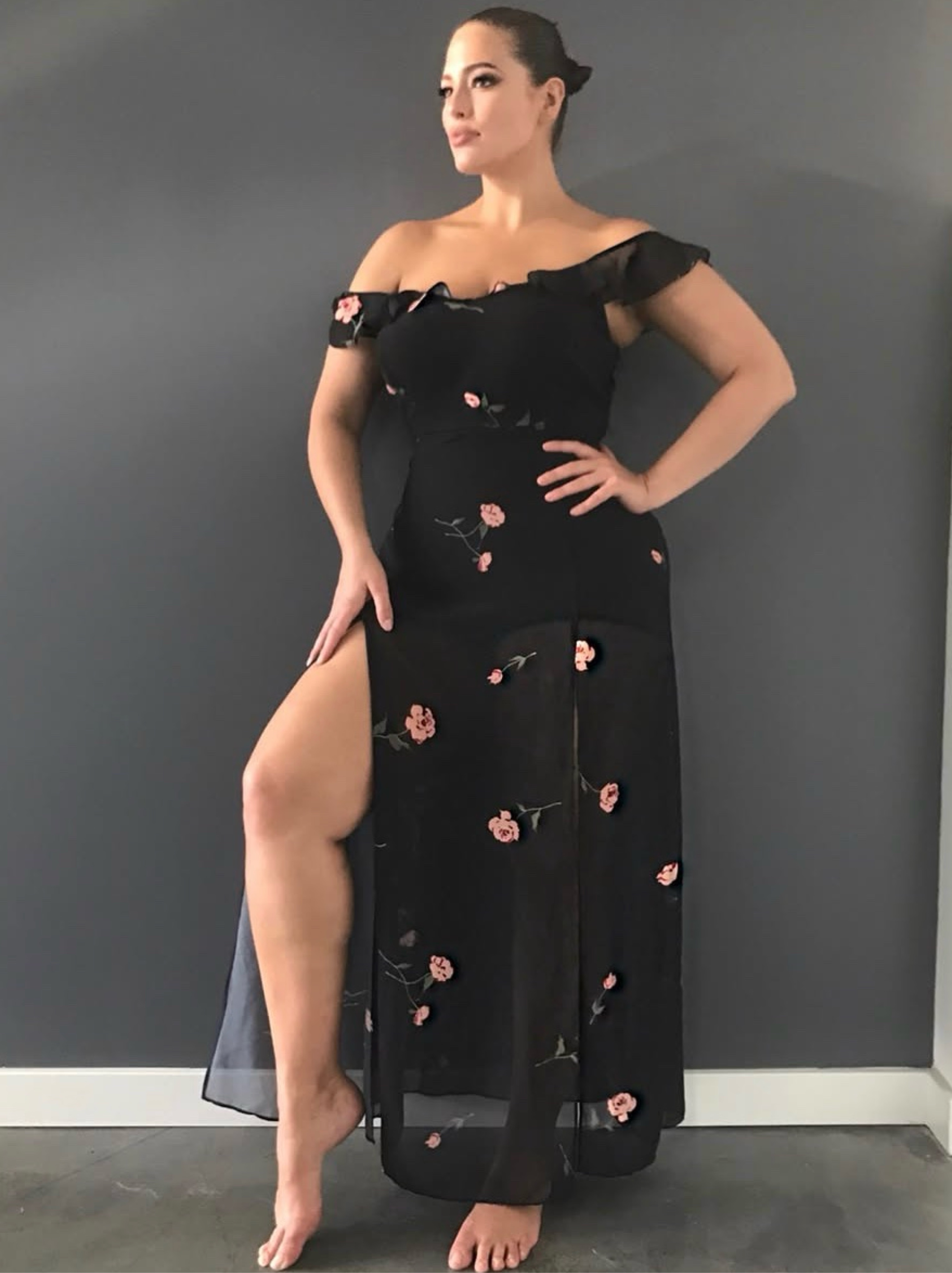Ashley Graham | Black Floral Embroidered Maxi Dress