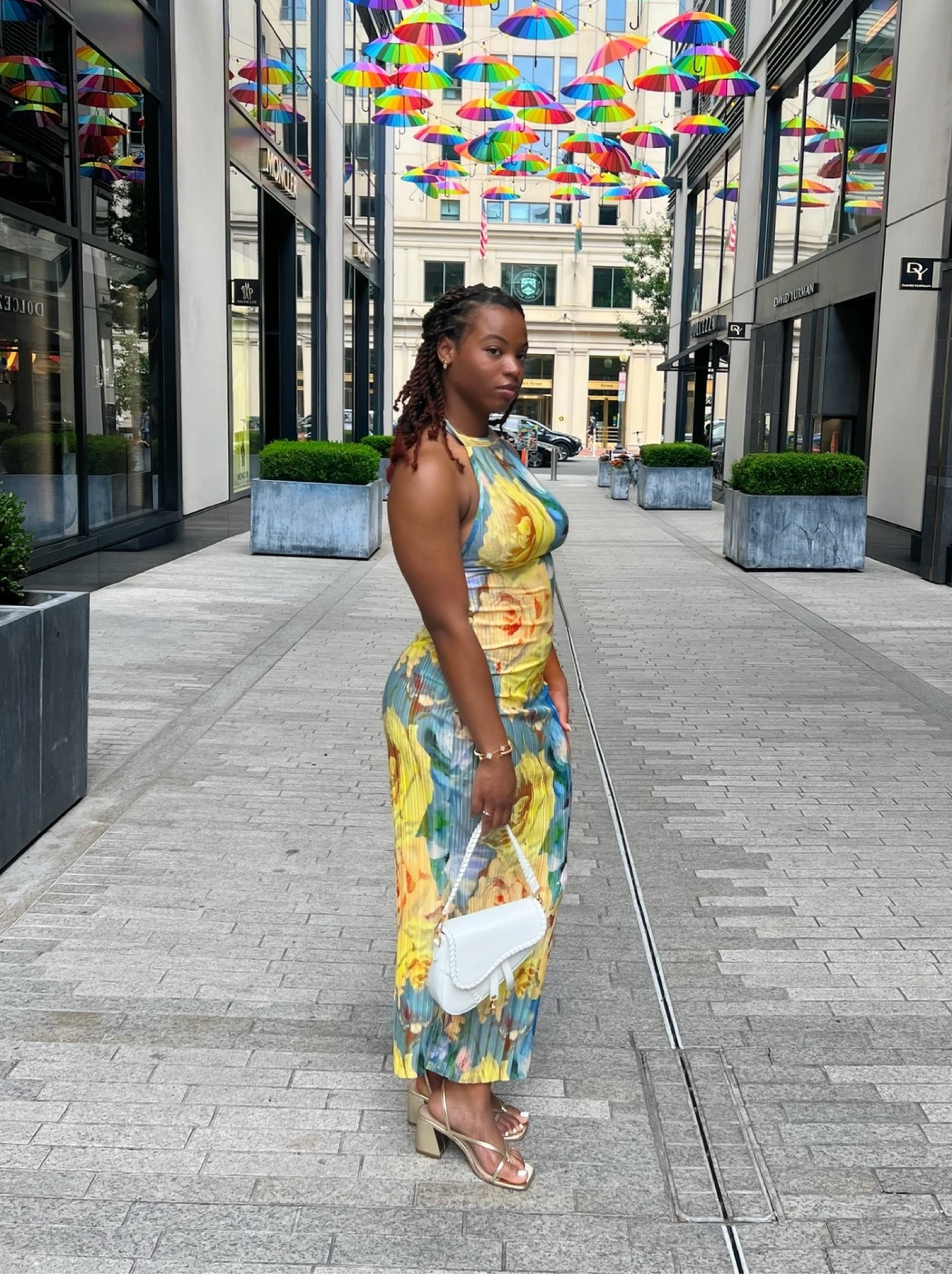 Pretty Little Thing Yellow Floral Print Plisse High Neck Low Back Maxi Dress