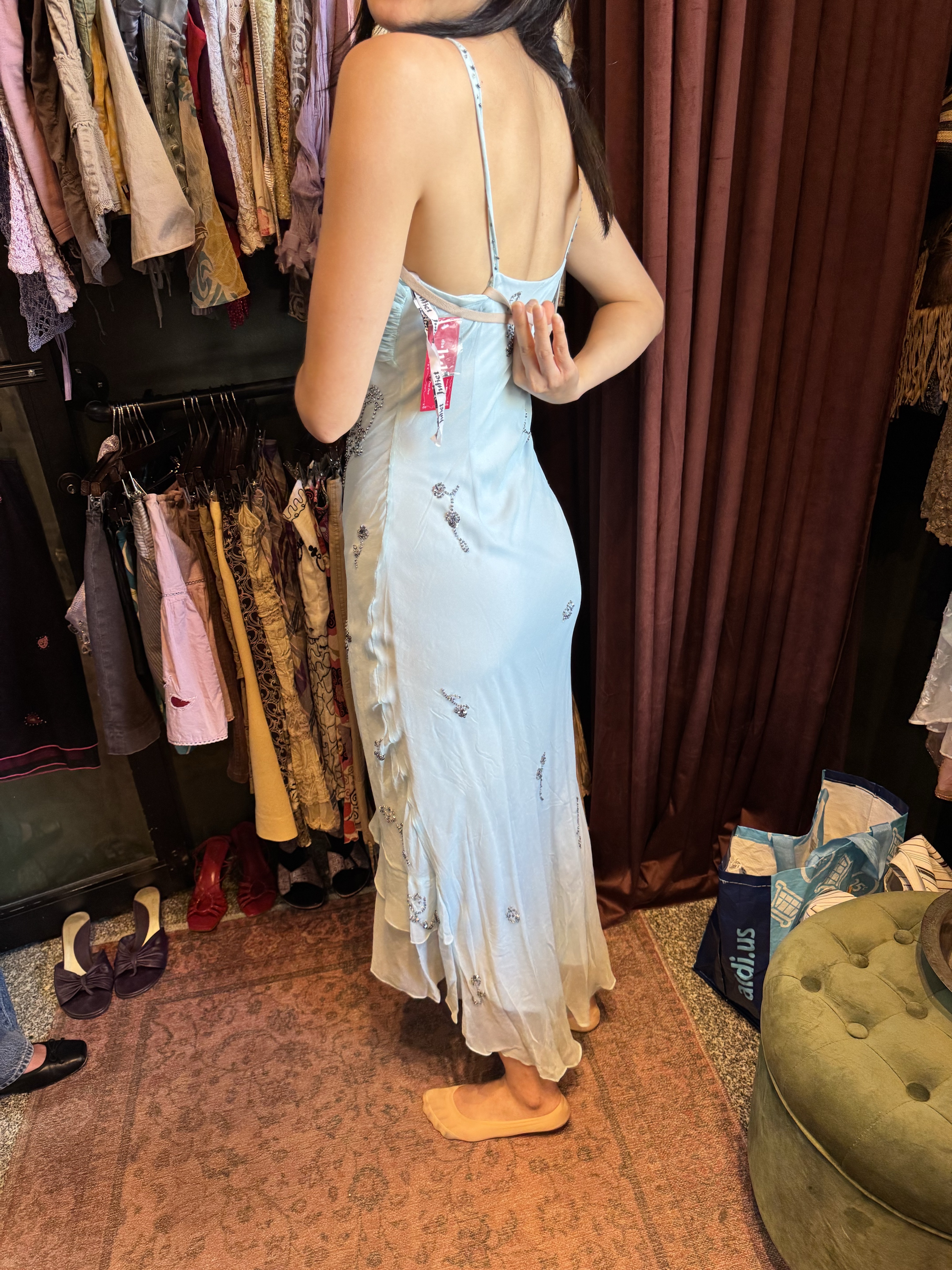 vintage waterfall dress 1950s Silk Chiffon Sash Party This faux wrap midi dress delivers a flounce with frills in a chic silhouette that is flattering and understated Formal Dresses Eco Friendly Dresses