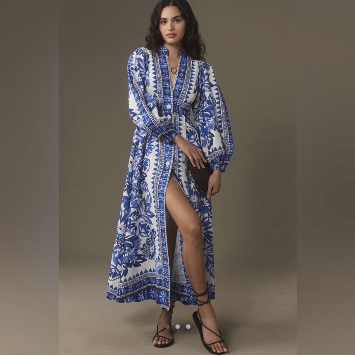 blue winter tapestry long sleeve maxi dress FARM Rio Long Sleeve Maxi Dress