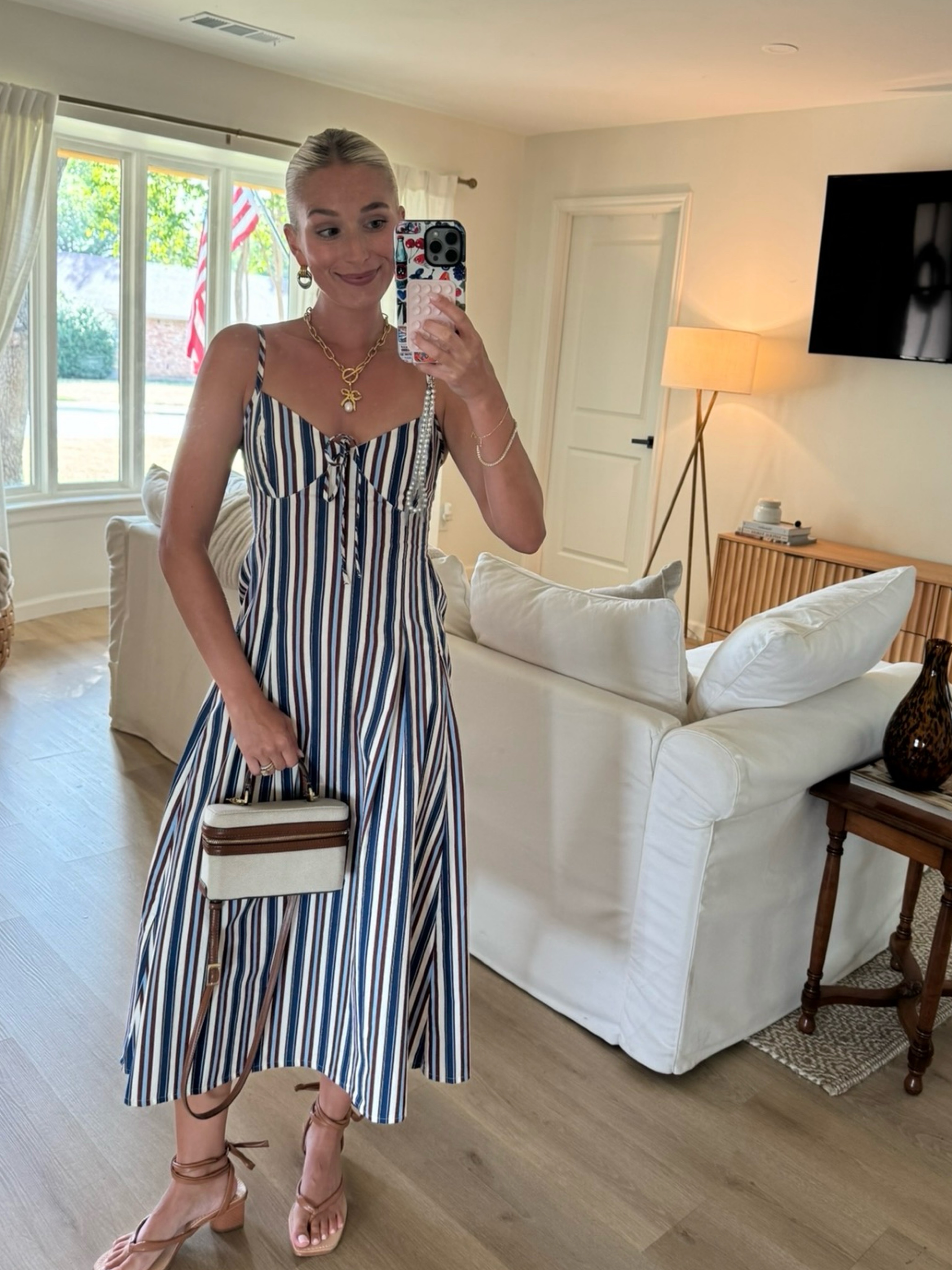 Navy & White Striped Midi Dress