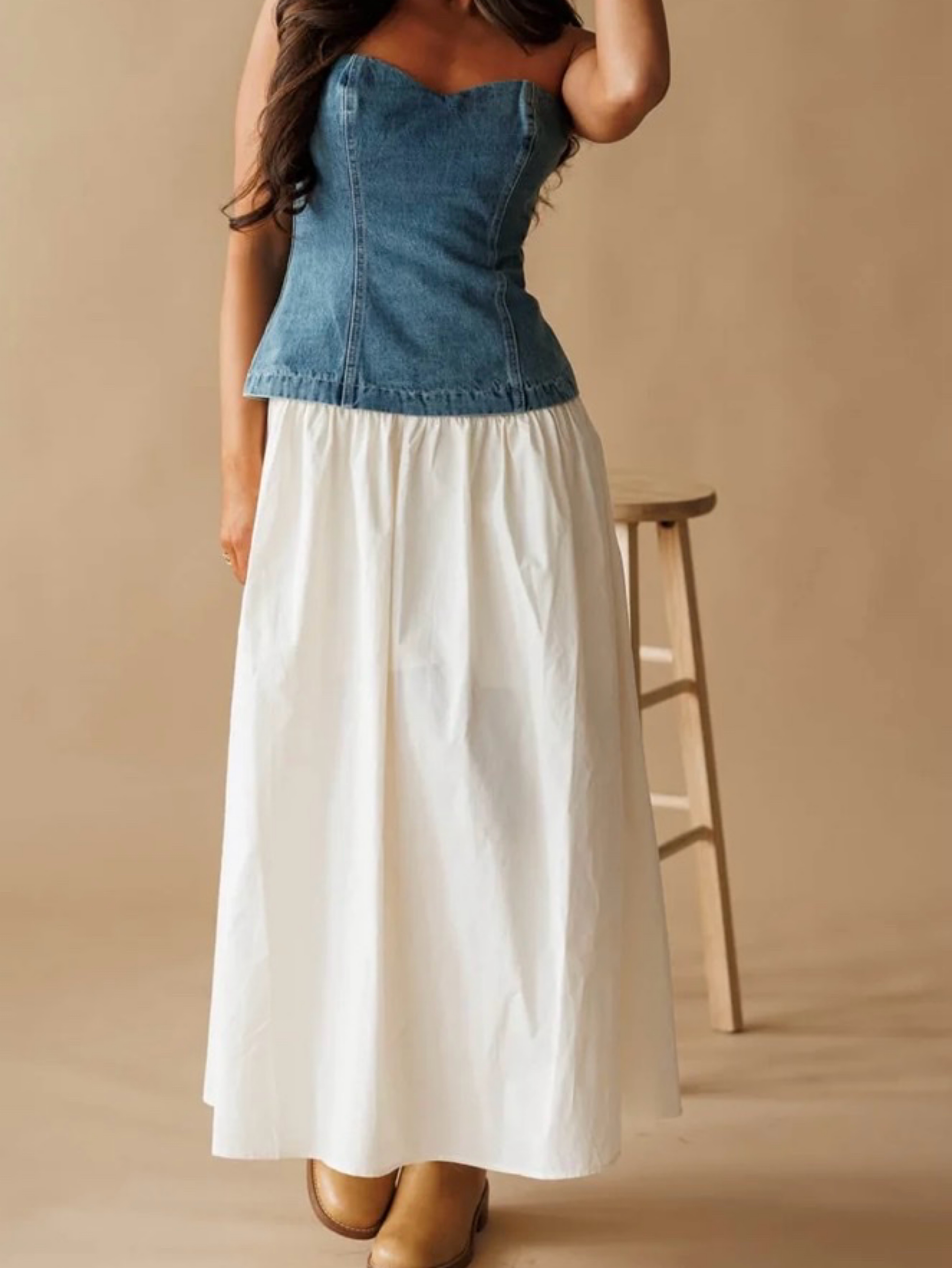 white and blue denim dress Zoe Knit Denim Maxi Dress - White