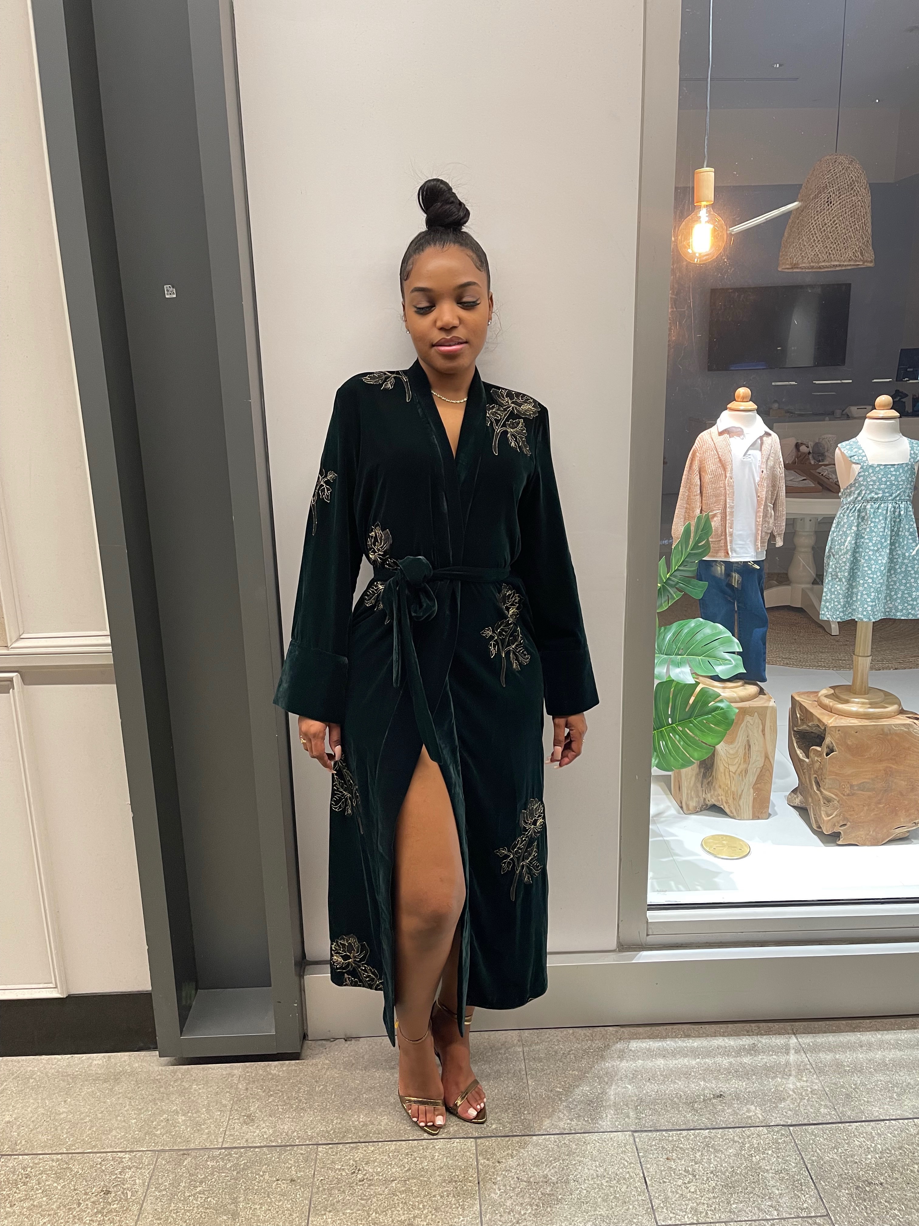 Dark green Velvet Embroidered Robe Dress by ZARA - Pickle