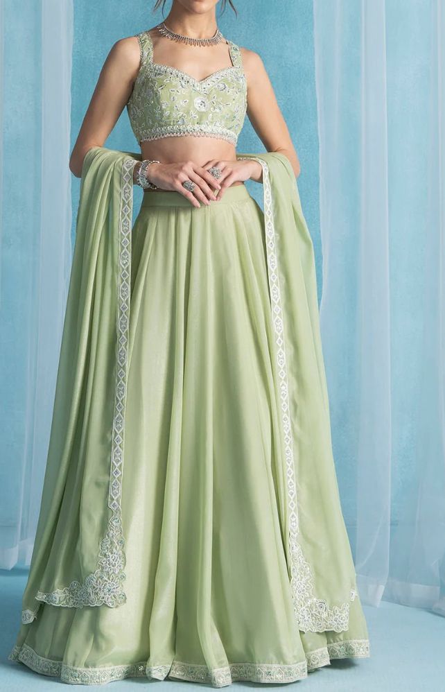 Light Green Embroidered Georgette Lehenga by Lashkaraa - Pickle