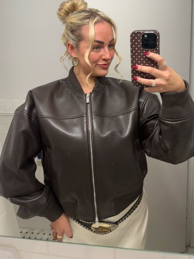Aritiza Brown Leather Bomber Cropped Jacket by Aritzia | Pickle