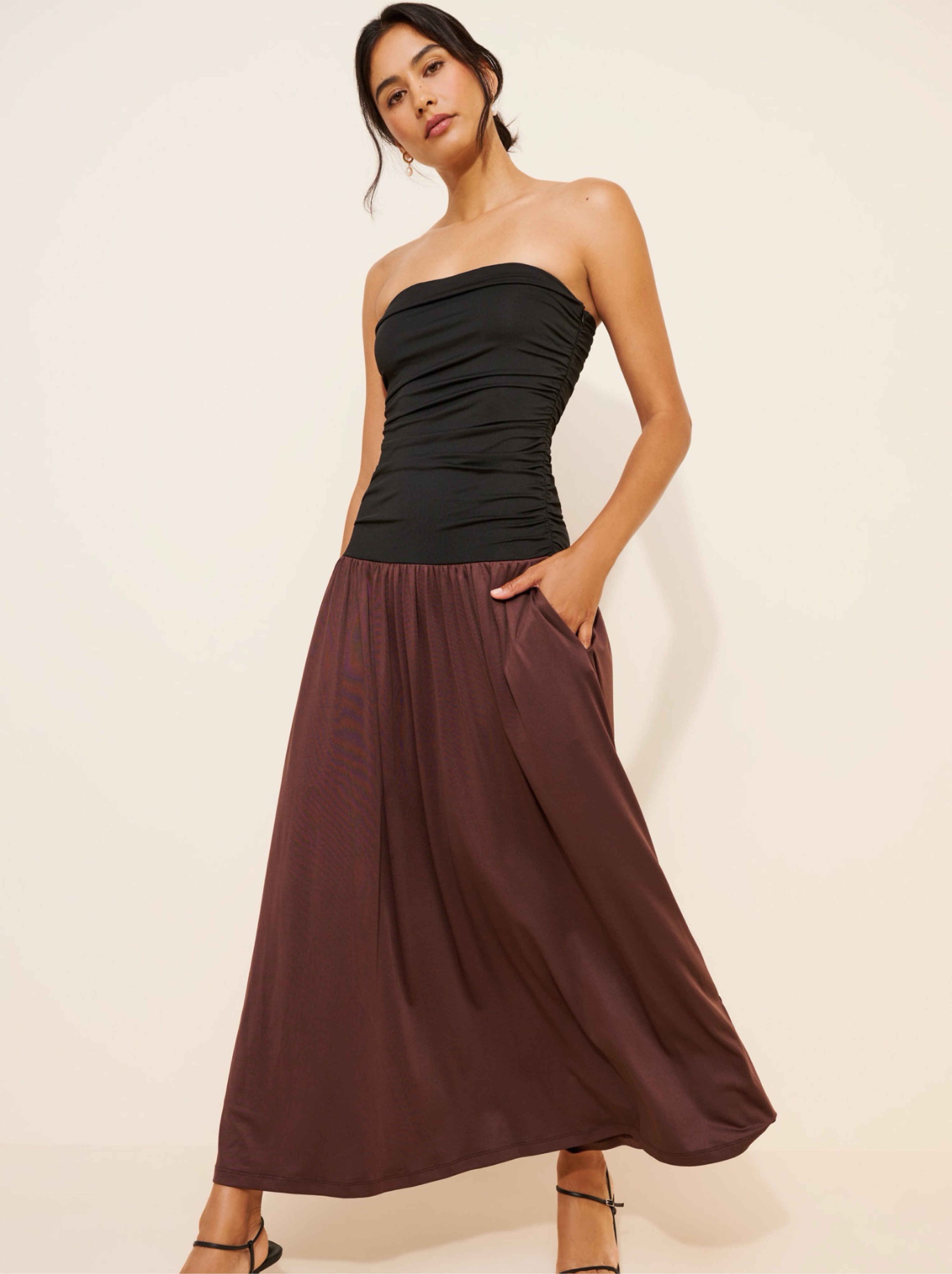brown strapless drop waist dress Brave Soul strapless maxi drop waist jersey dress in brown