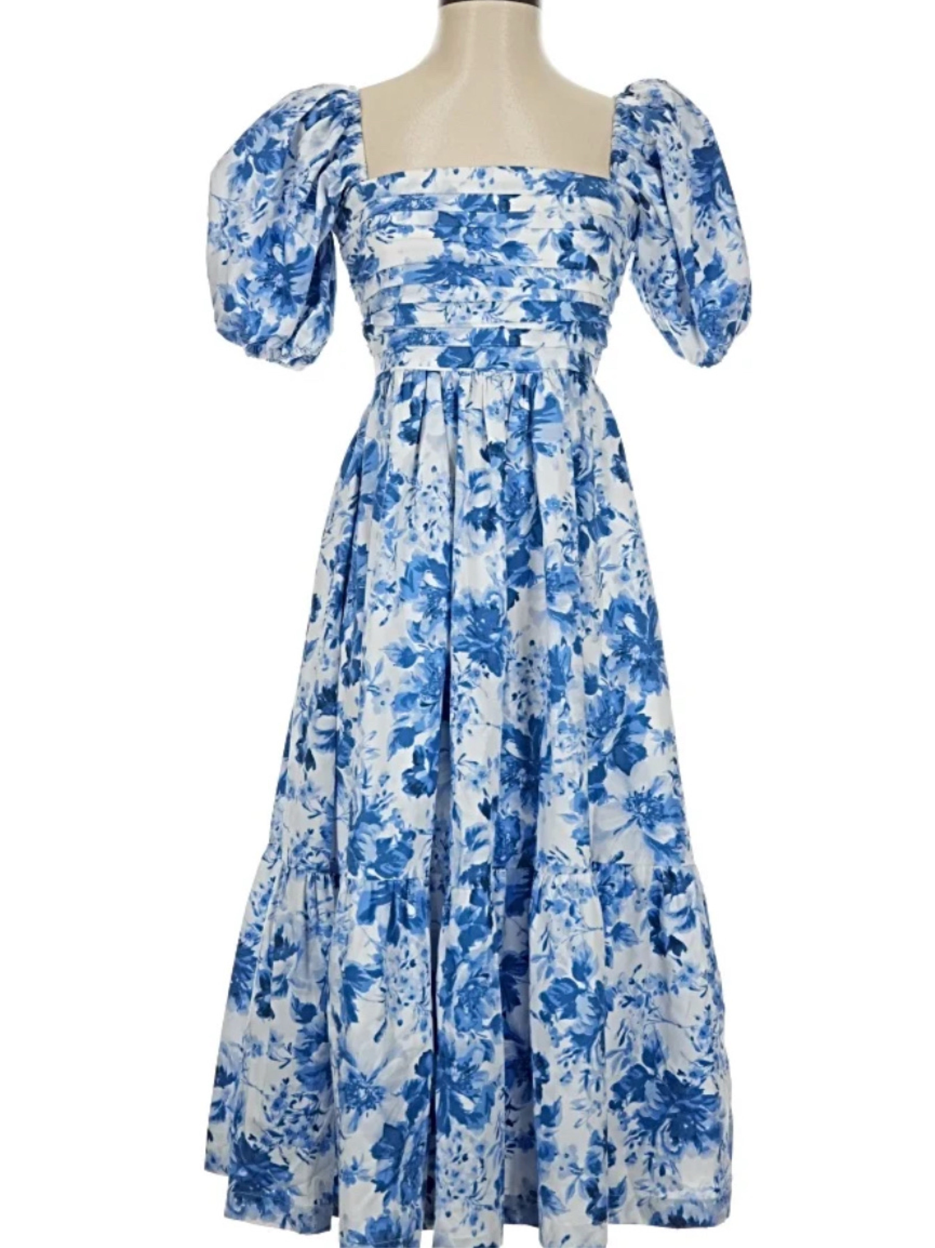 blue and white floral puff sleeve dress Sky Blue Floral Print Deep V Neck Puff Sleeve Flowy Dress Sky Blue / M