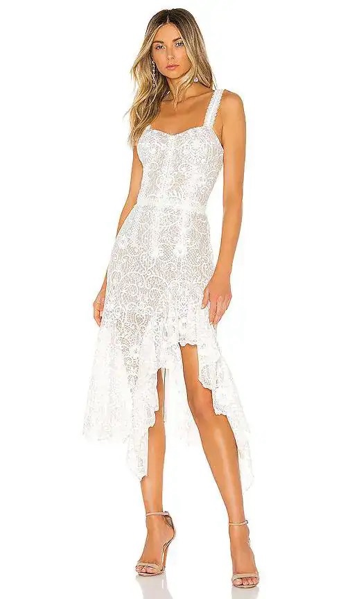 Bronx and Banco White Lace Asymmetrical Midi Dress