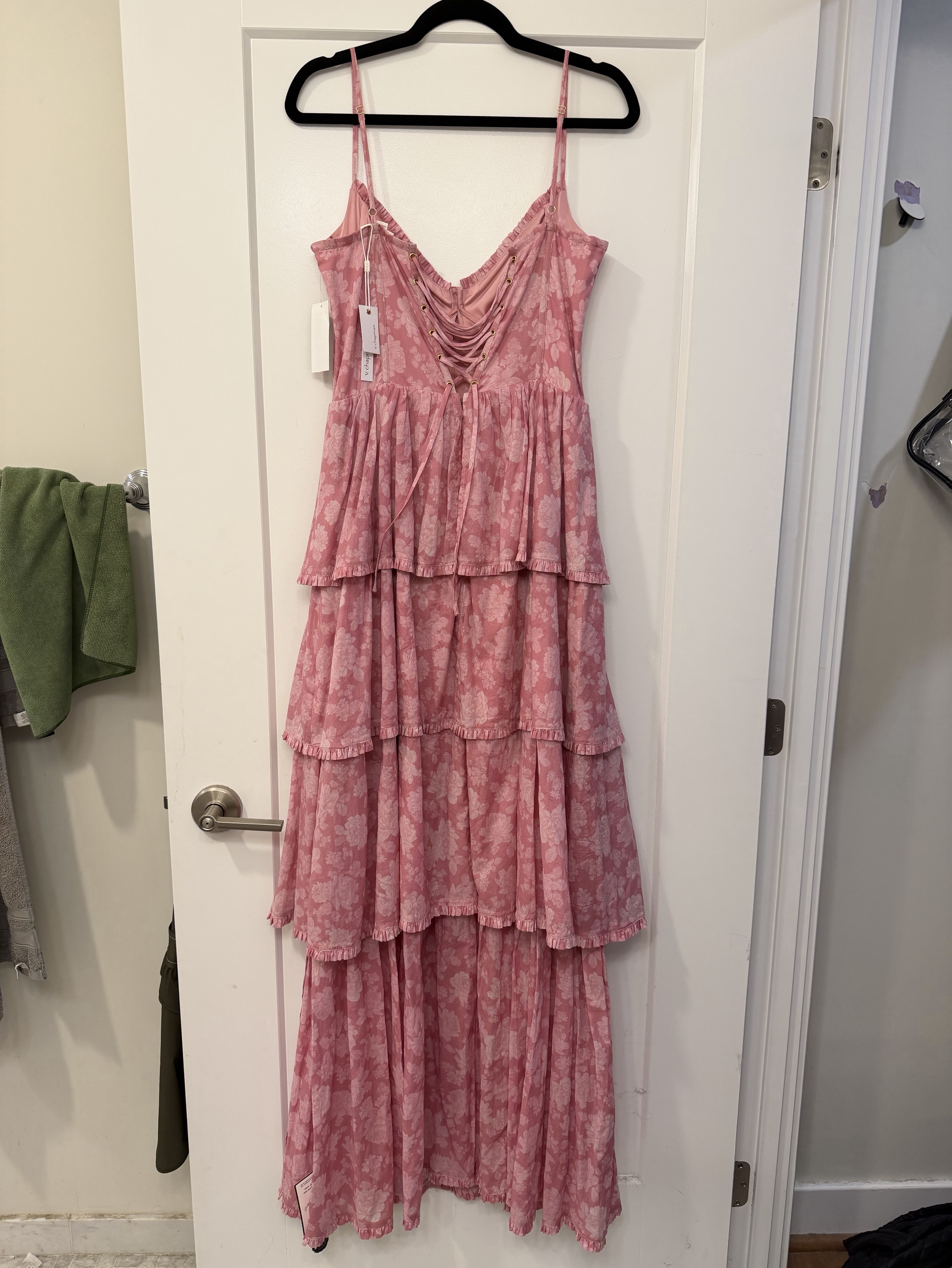 caterina dress in pink rose print v chapman The Caterina Dress in Light Pink Tapestry Rose 14 / Light Pink Tapestry Rose