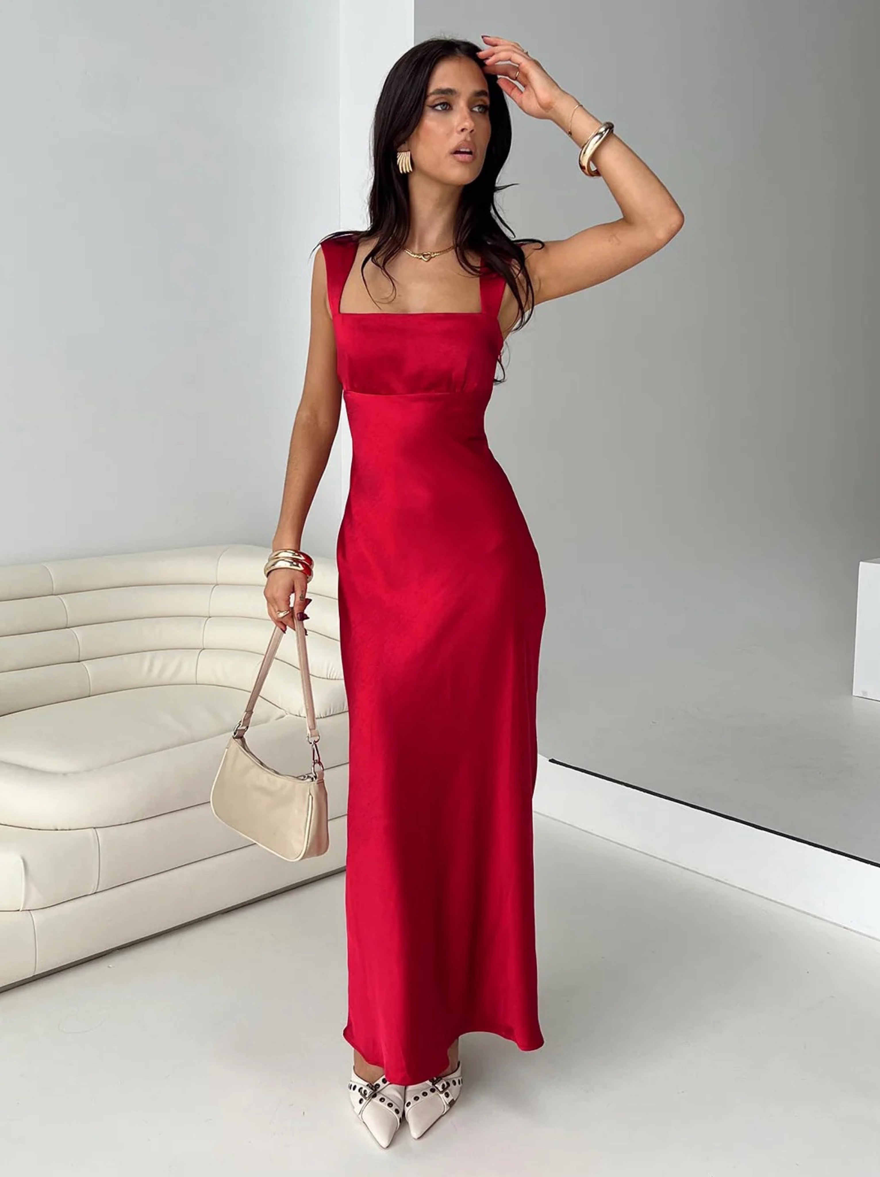 Red Satin Square Neckline Maxi Dress
