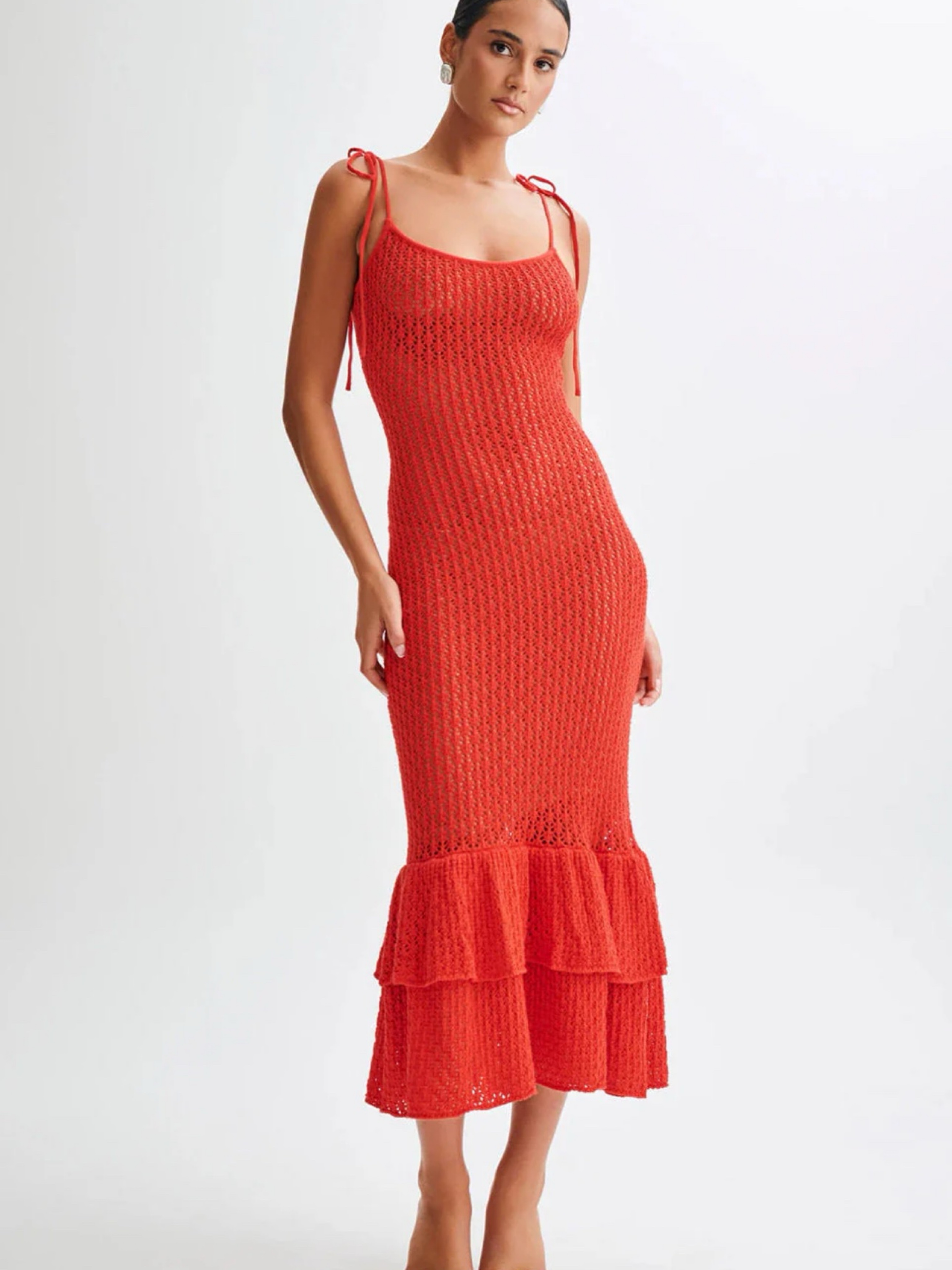MESHKI Knit Red Midi Dress