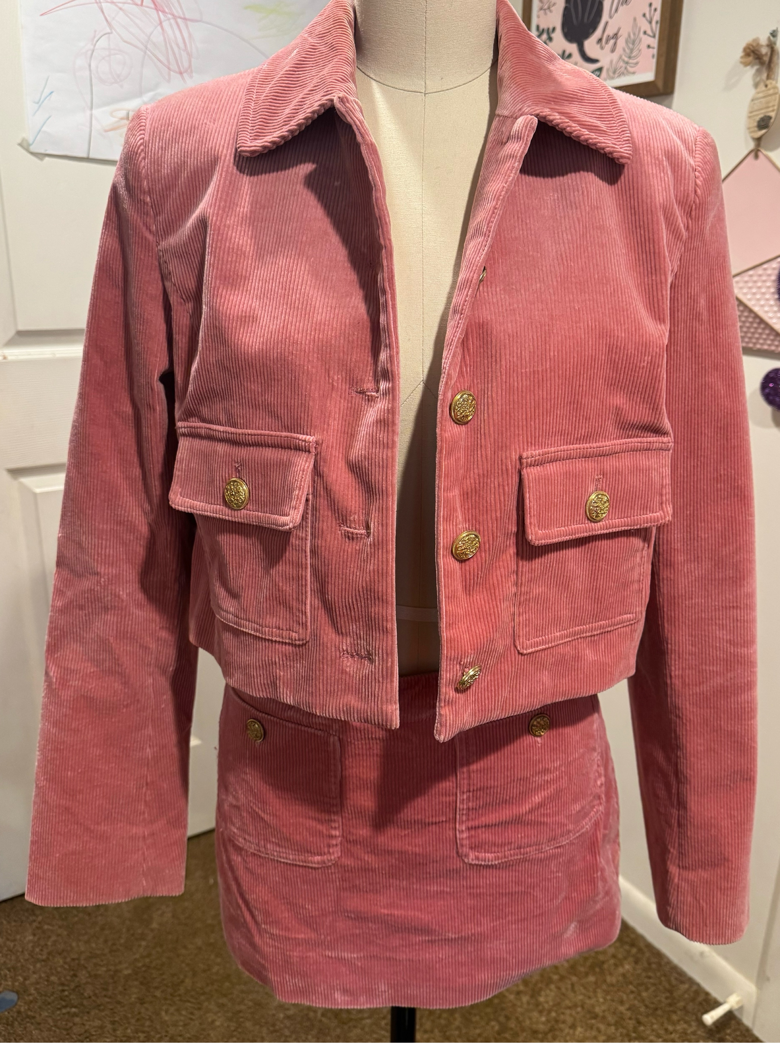 Pink Corduroy Two-Piece Jacket and Skirt Set