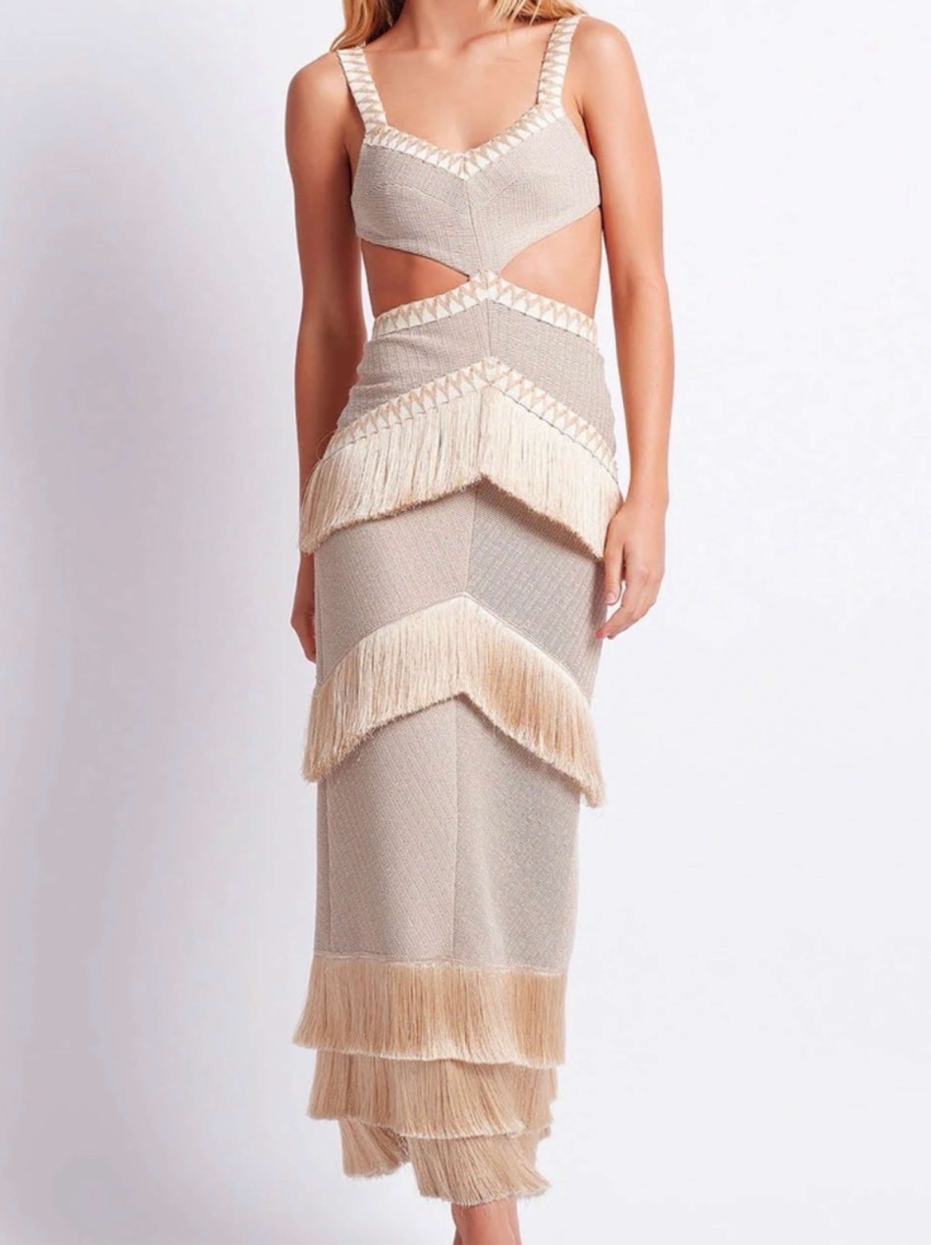 PatBO Metallic knit maxi dress with fringe trim