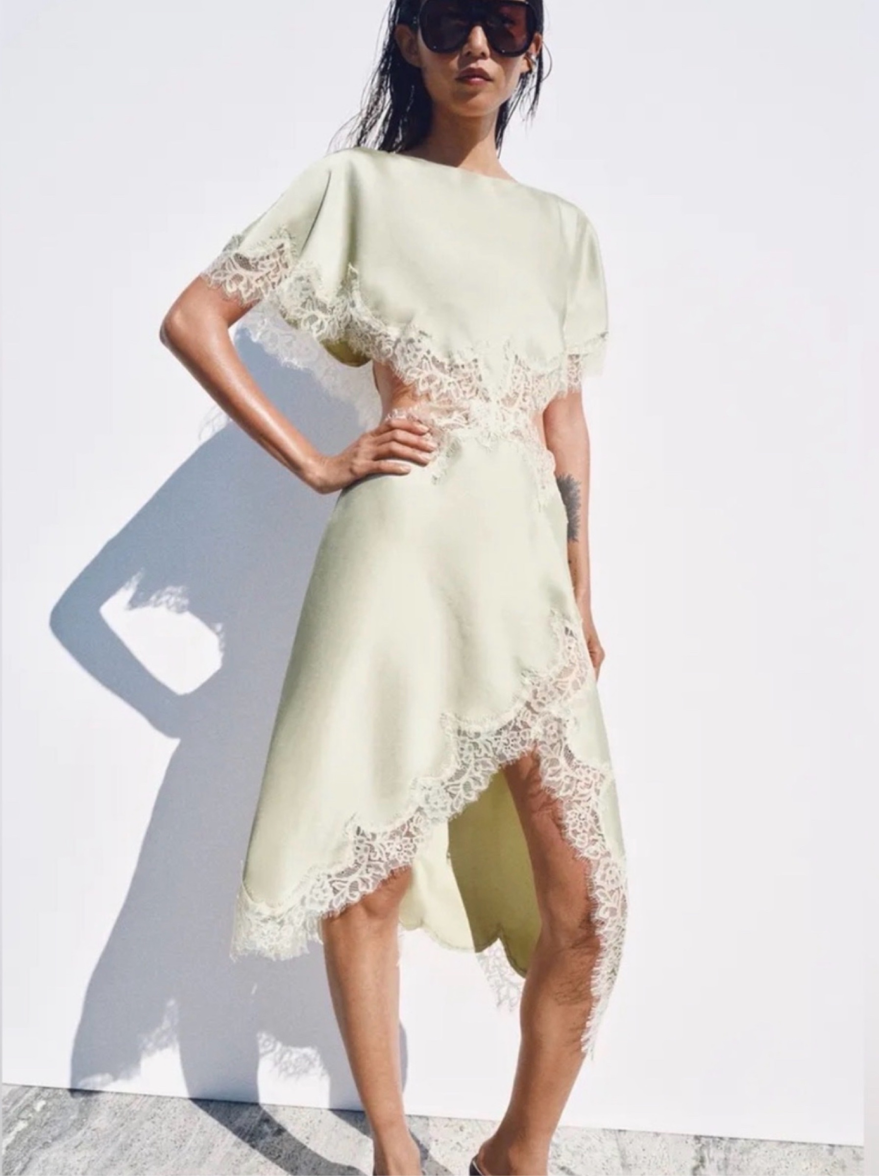 zara sage green dress Elegant Lace Trim Midi in Pale by Zara zara olive green dress