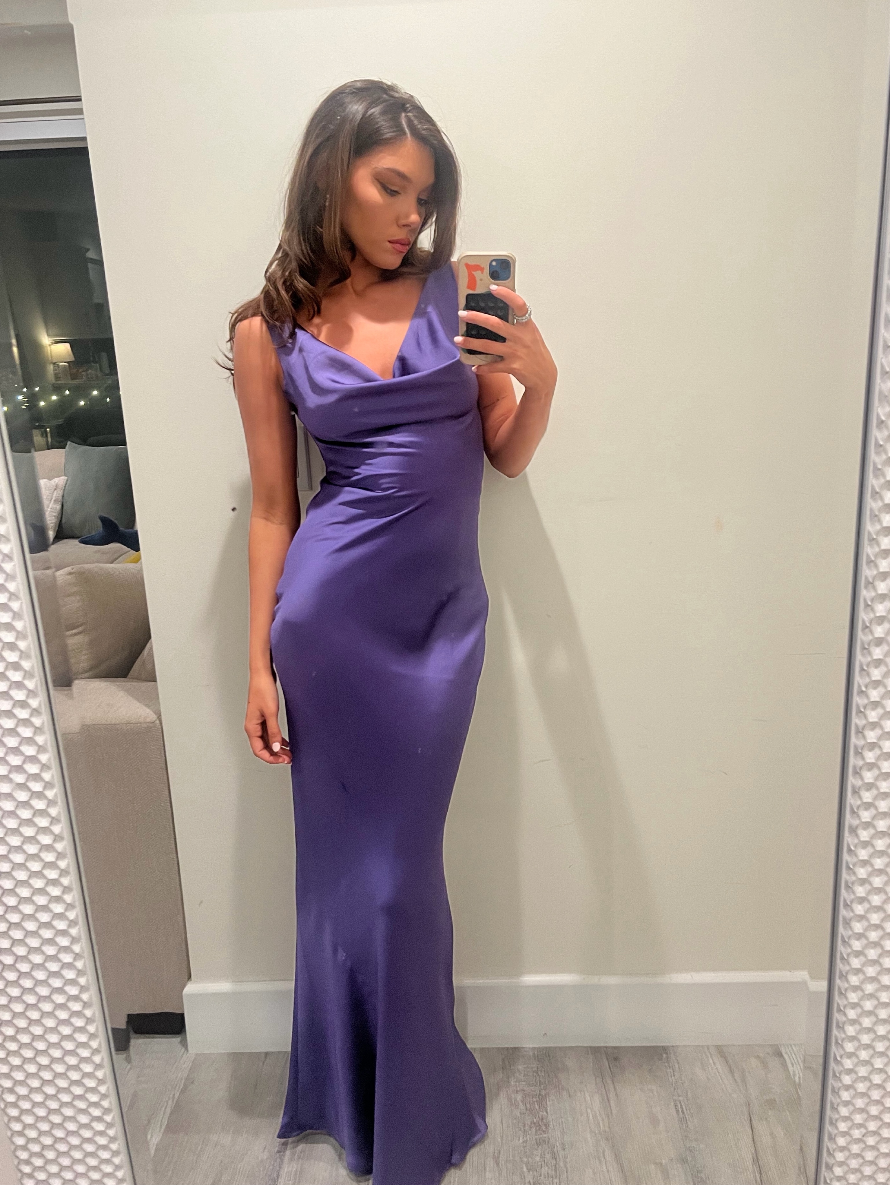 norma kamali purple dress NORMA KAMALI Draped satin halterneck mini dress
