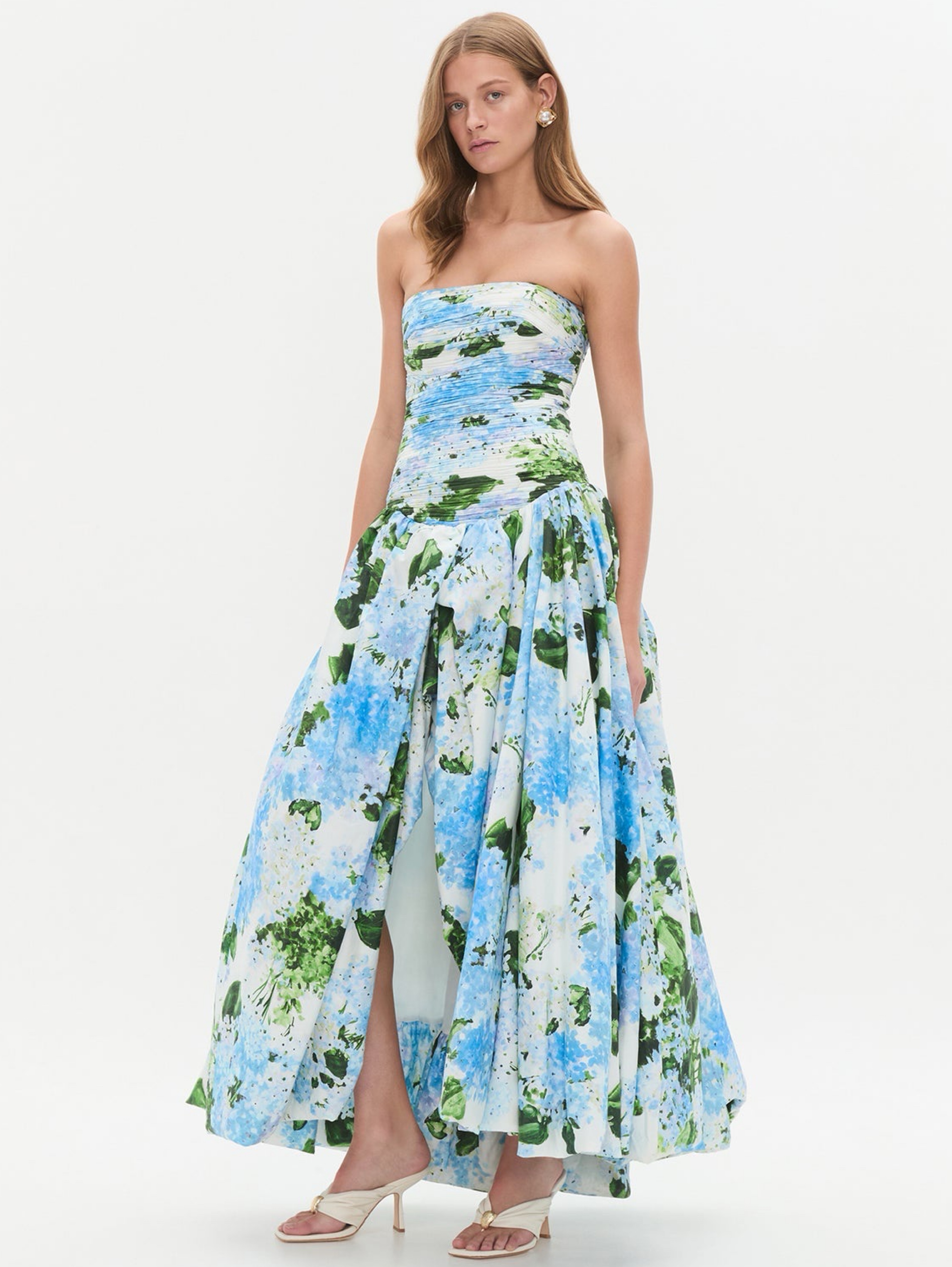 Aje Behold Blue Green Hydrangea Print Strapless Dress