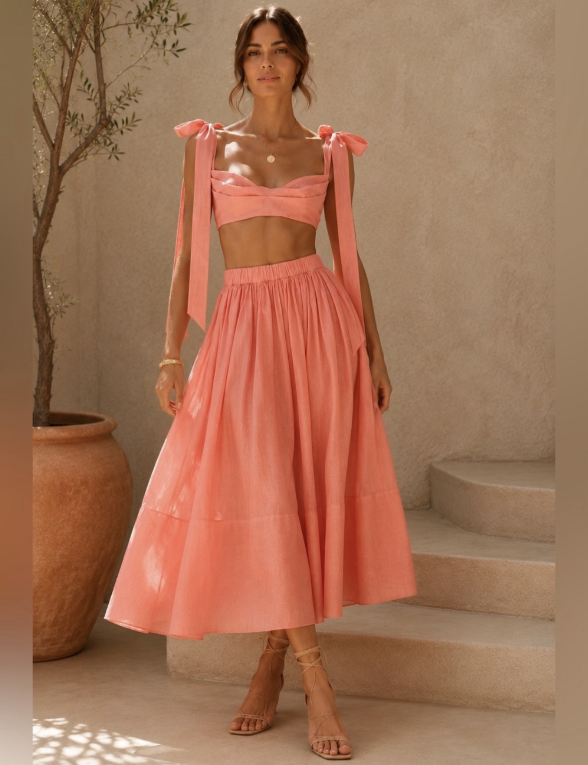 Zimmermann Coral Linen Crop Top Midi Skirt Set by Zimmermann - Pickle