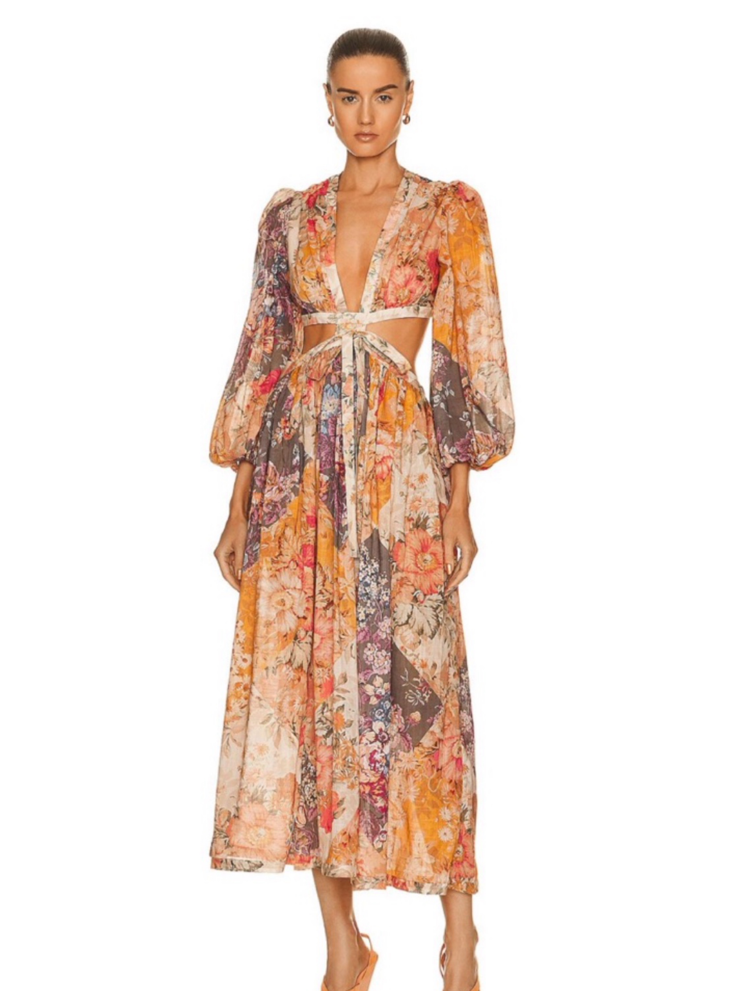 Zimmermann Patti Patchwork Floral Print Tie-Front Midi Dress