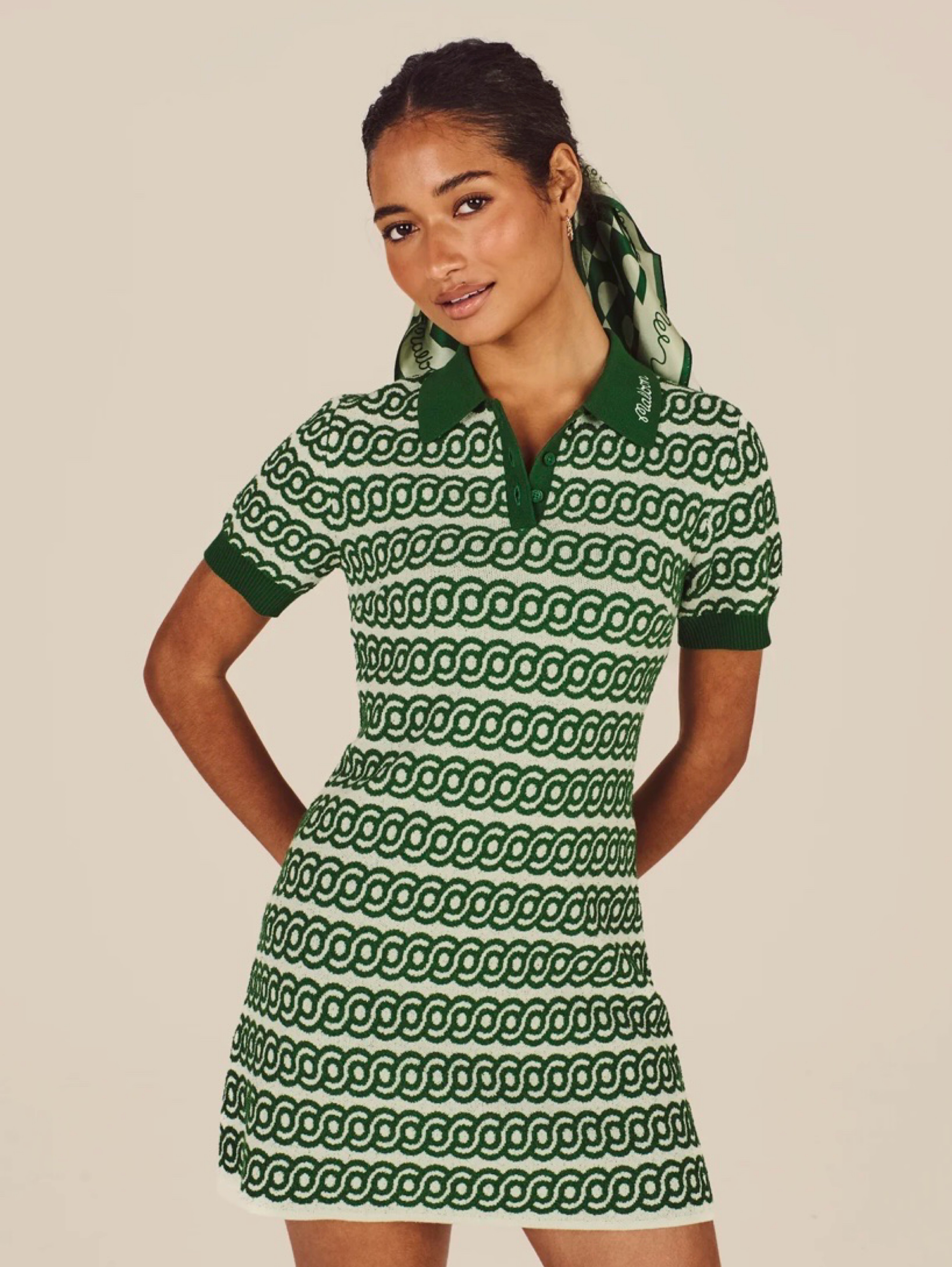 womens knit polo dress Malbon Women Clara Green Cream Geometric Knit Polo Dress by Malbon