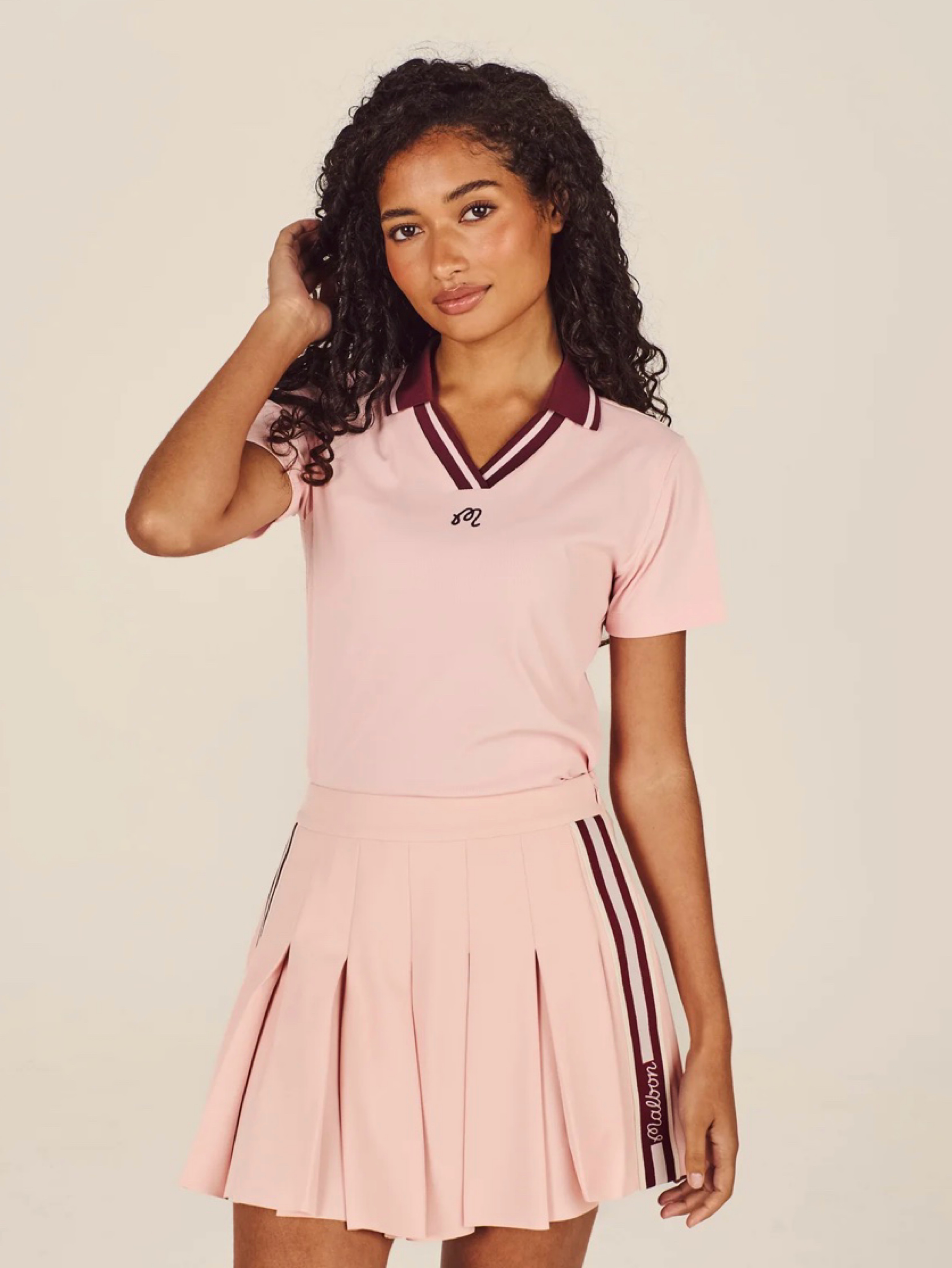 Malbon Esperanza Pink Pleated Tennis Skirt with Burgundy Stripes