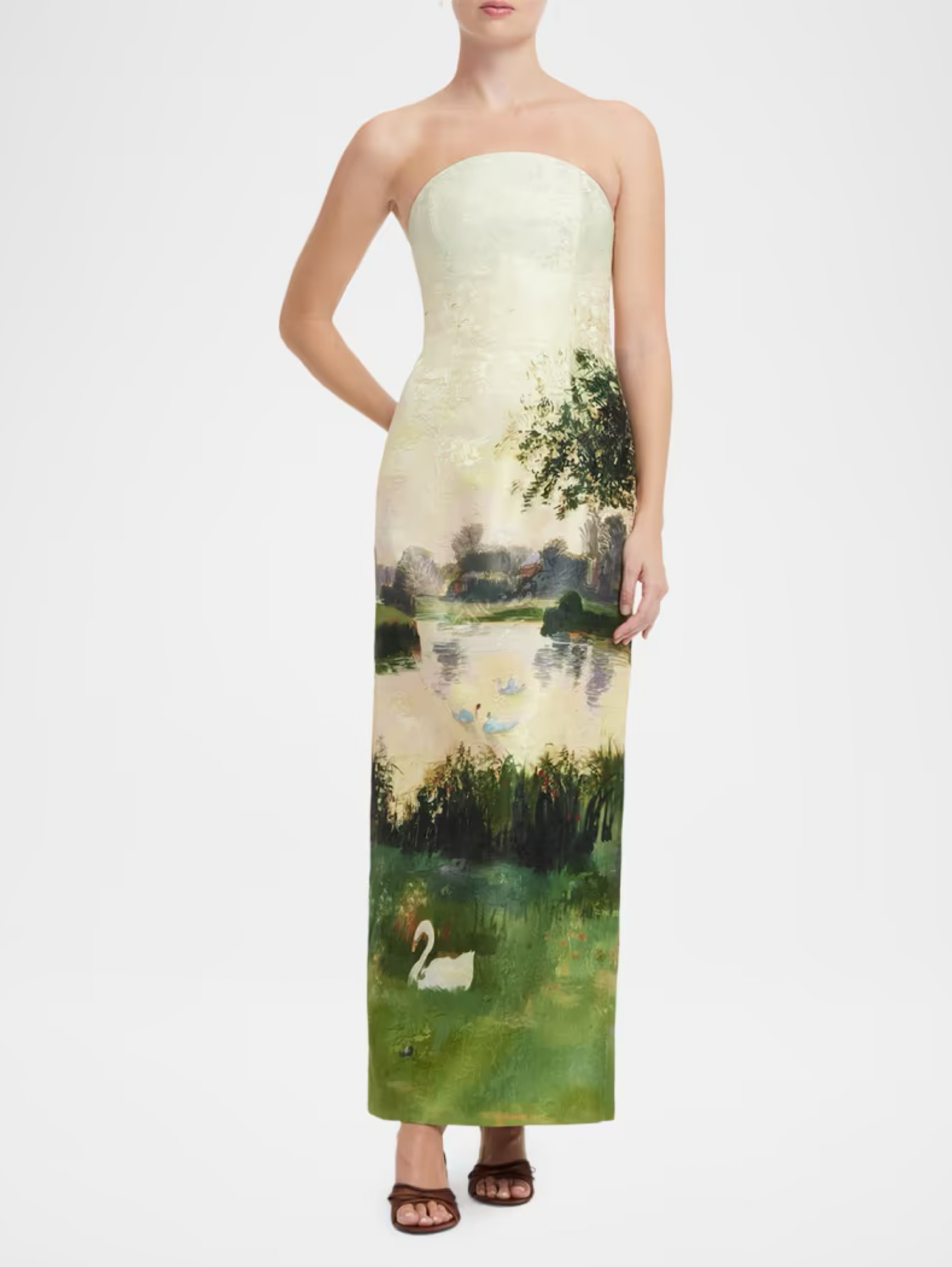 💚 NEW Leo Lin Jacquard Swan Cream Landscape Print Strapless Maxi Dress