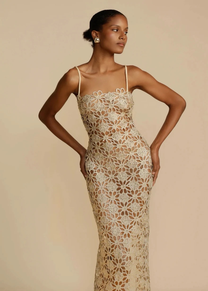 ✨ Arcina Ori Kendra Gold Crochet Lace Midi Dress