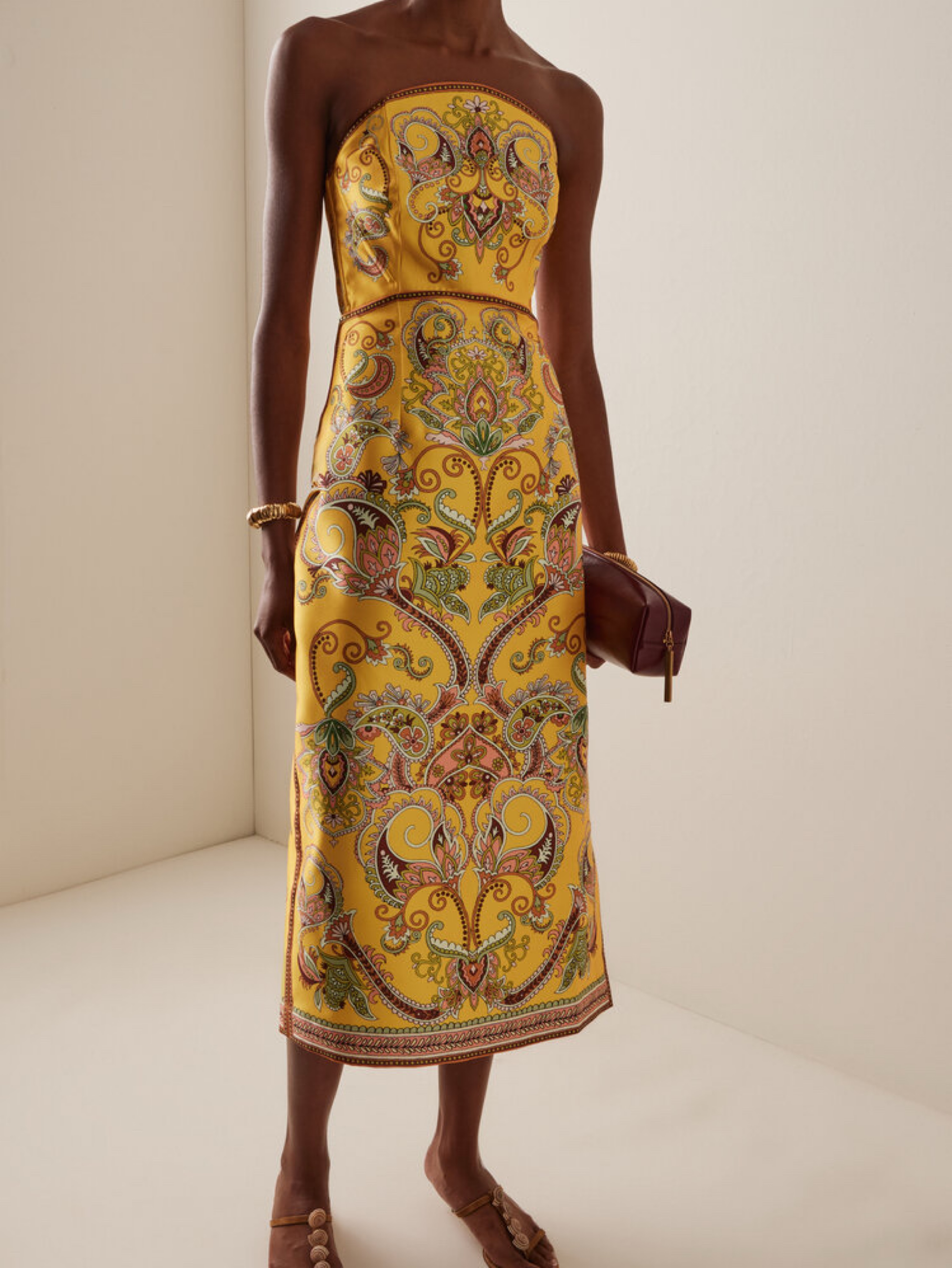 💛 NEW Alemais Marion Yellow Paisley Print Strapless Midi Dress