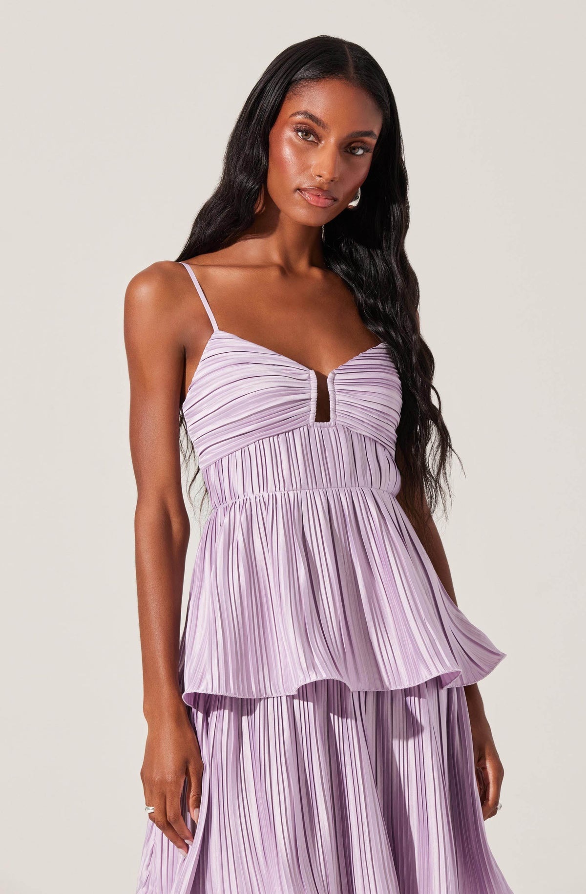 astr the label women's lupin pleated satin dress Lupin Pleated Tiered Maxi Dress Light Yellow / L