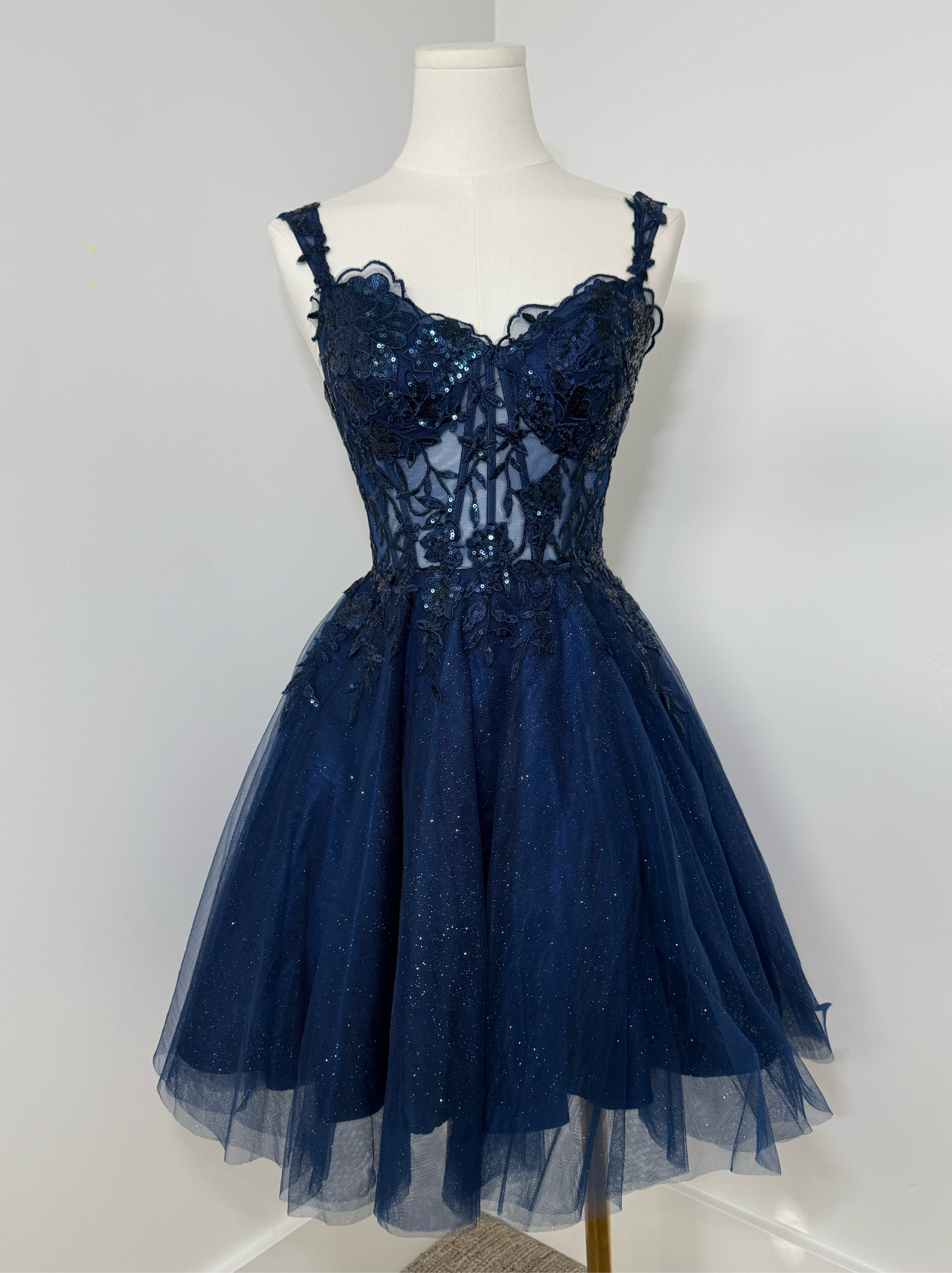 Navy Blue Sparkly Corset Homecoming Dress