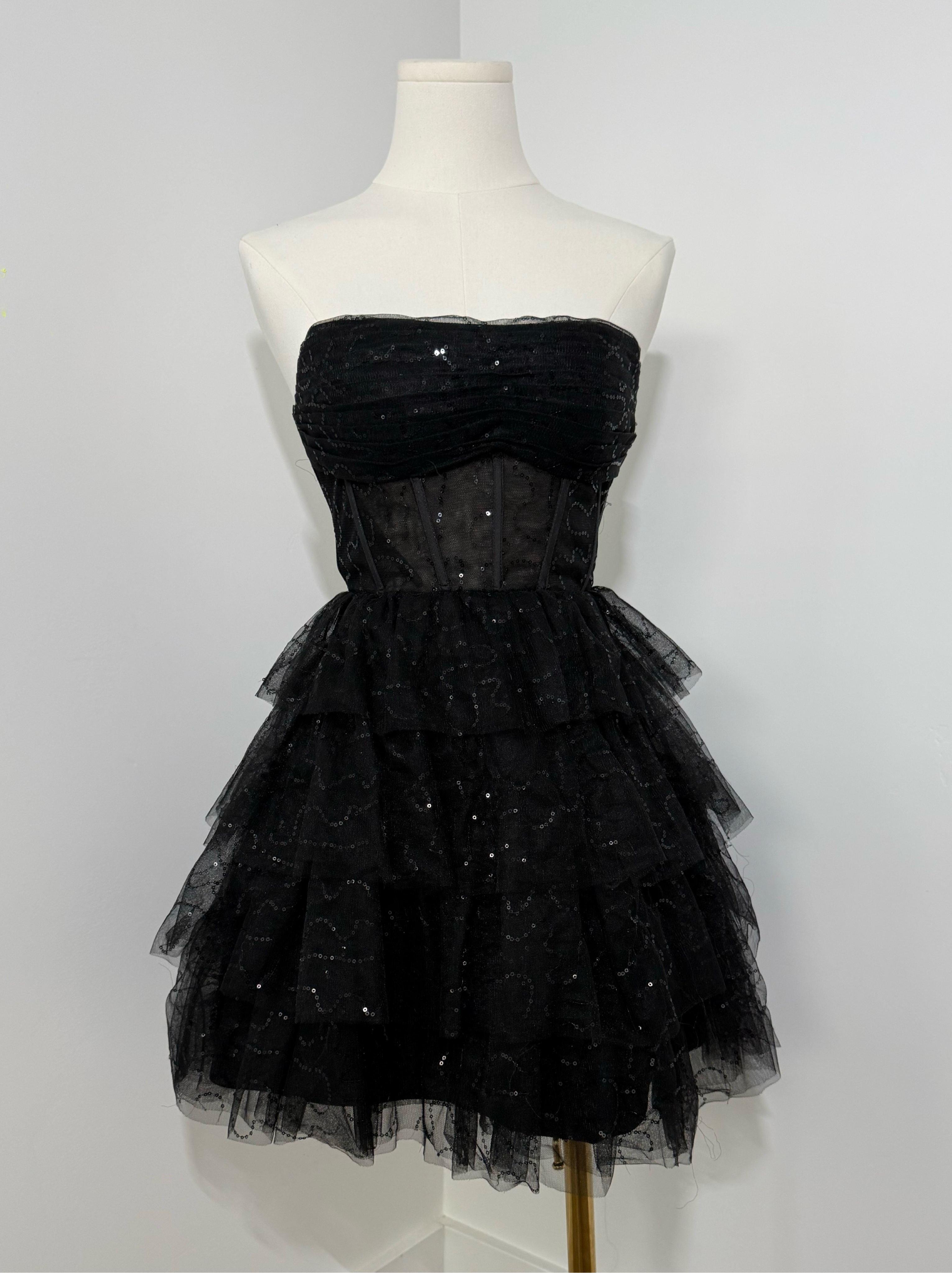 Black Sparkly Corset Tiered Homecoming Dress