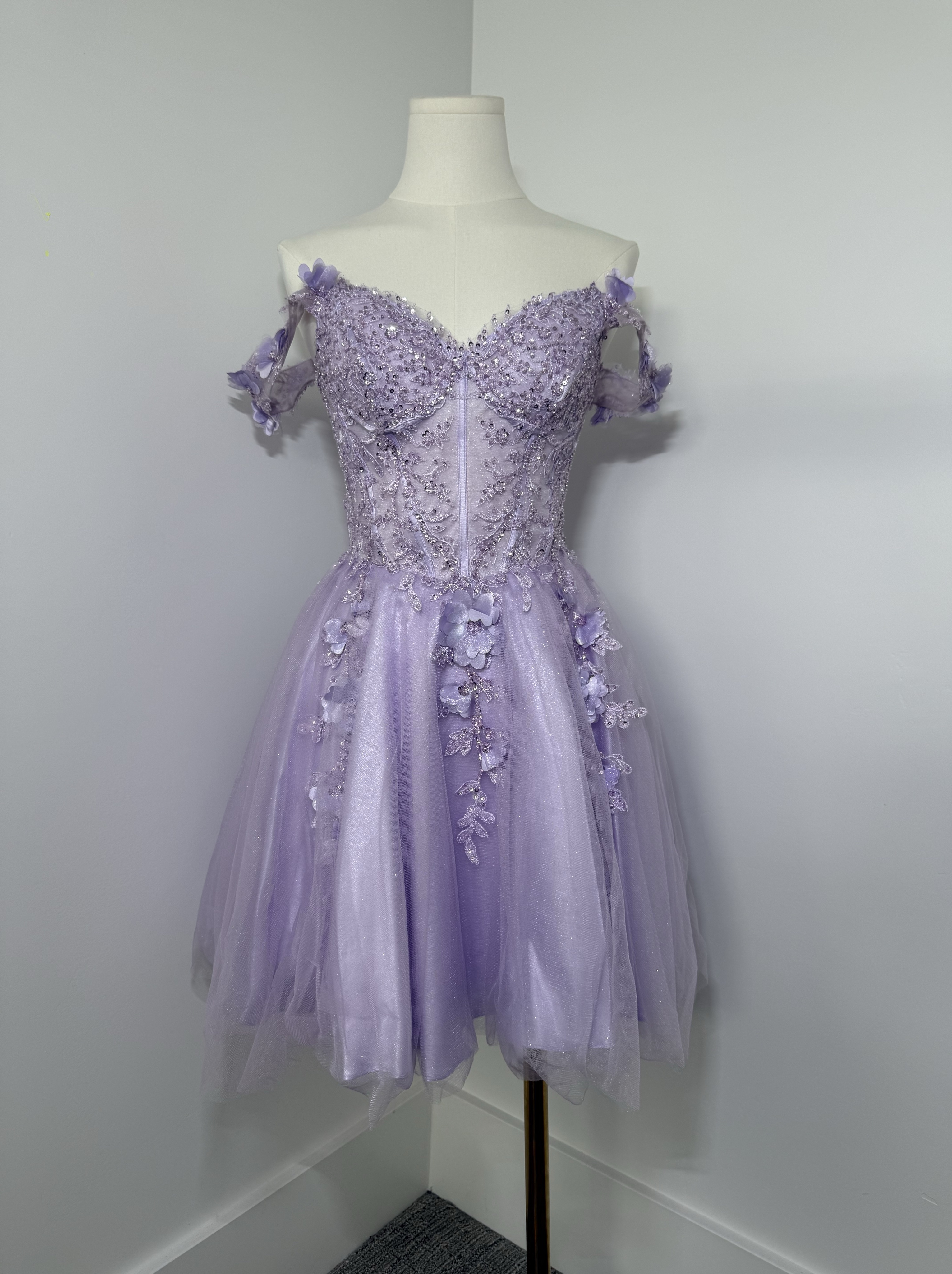Lavender Floral Beaded Off-Shoulder Homecoming Dress
