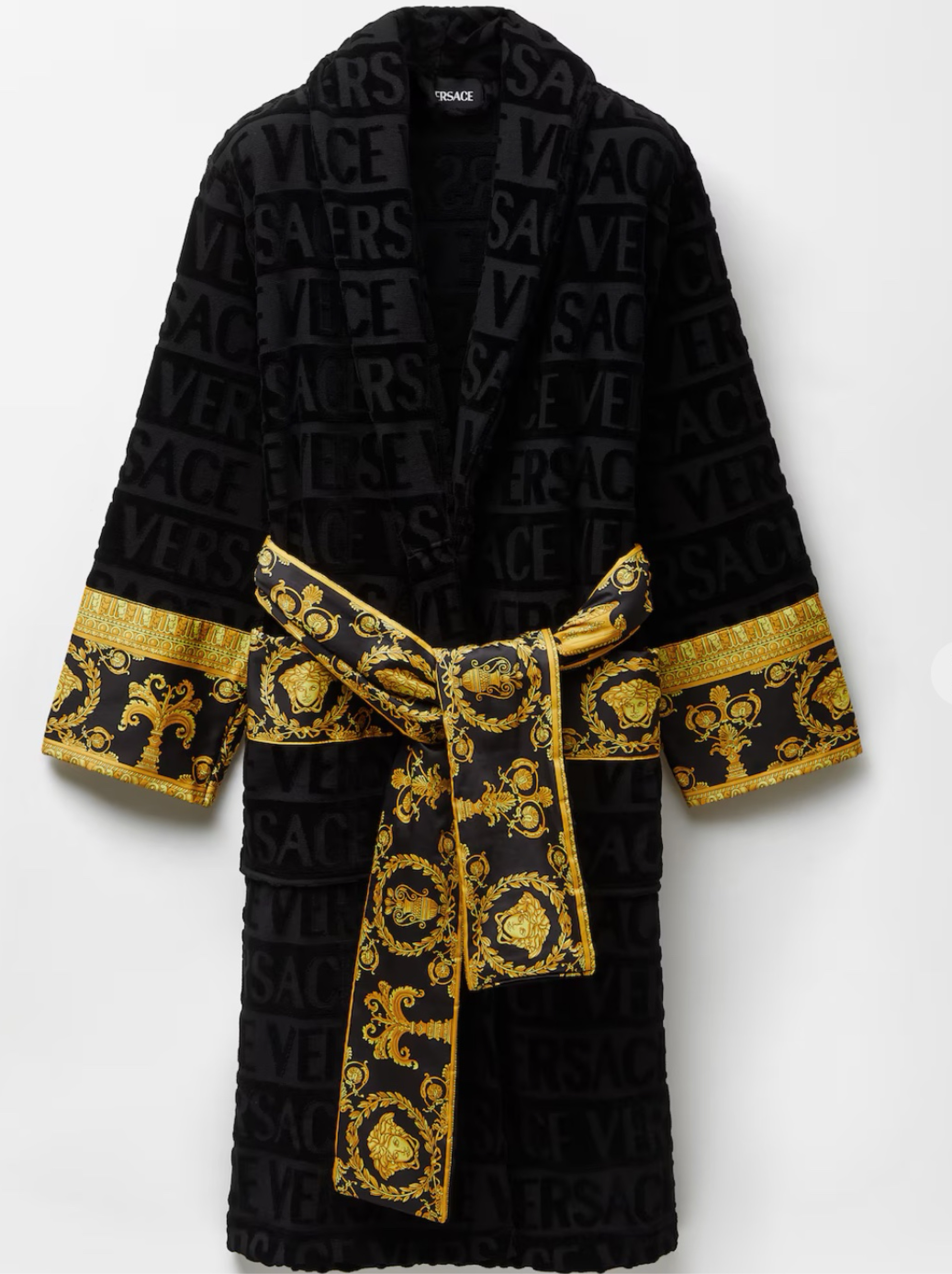 Versace Black Velour Robe with Gold Baroque Belt